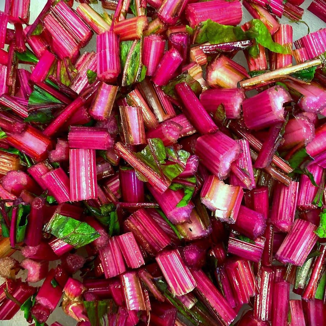 ナイジェラ・ローソンさんのインスタグラム写真 - (ナイジェラ・ローソンInstagram)「Young chard stems, chopped, and just about to be cooked in olive oil and a lot of garlic; the tender leaves, torn into strips, will be added at the last minute and wilted in the heat.  Have the lurgy so hoping this will help revive me! #pinkandgreen」1月10日 21時08分 - nigellalawson