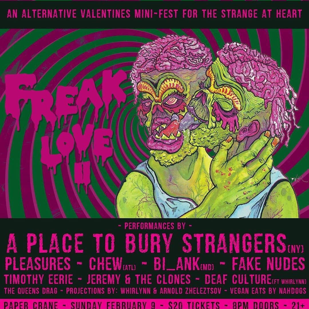 A Place to Bury Strangersさんのインスタグラム写真 - (A Place to Bury StrangersInstagram)「Repost • @papercranelive FREAKLOVE 2 🔪💔🖤 - an Alternative Valentine's Fest w/ strange sounds from the dark side of love - Performances by... @aptbs (A Place to Bury Strangers) @3dchew  @pleasures_pics  @jeremyandtheclones  @thefakenudes  @timothy_eerie  @bl_ank___bl_ank  deaf culture ft. @whatsthepoint.tv - - A special The Queen’s Drag performance by Meg Eliza - - Projections by Whirlynn and @arnoldzh - - Vegan Eats by @nahdogs_stpete - - RSVP: https://bit.ly/2t1A7bz -  #stpetersburgflorida #weirdart #ilovetheburg #papercrane #theburg #installation #pleasures #aptbs #aplacetoburystrangers #live #livemusic #stpete #festival #stpetersburg #tampaflorida #livemusic #festivalseason #bestmusicshots #dtsp #iheartstpete #saintp #show #artinstallation #concert #saintpetersburg #petersburg #instaburg #band #music #art」1月10日 14時17分 - aptbs