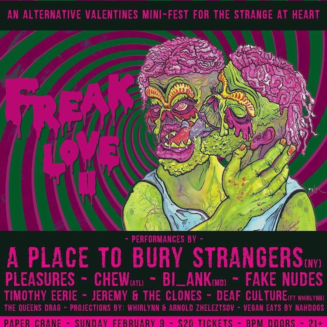 A Place to Bury Strangersのインスタグラム：「Repost • @papercranelive FREAKLOVE 2 🔪💔🖤 - an Alternative Valentine's Fest w/ strange sounds from the dark side of love - Performances by... @aptbs (A Place to Bury Strangers) @3dchew  @pleasures_pics  @jeremyandtheclones  @thefakenudes  @timothy_eerie  @bl_ank___bl_ank  deaf culture ft. @whatsthepoint.tv - - A special The Queen’s Drag performance by Meg Eliza - - Projections by Whirlynn and @arnoldzh - - Vegan Eats by @nahdogs_stpete - - RSVP: https://bit.ly/2t1A7bz -  #stpetersburgflorida #weirdart #ilovetheburg #papercrane #theburg #installation #pleasures #aptbs #aplacetoburystrangers #live #livemusic #stpete #festival #stpetersburg #tampaflorida #livemusic #festivalseason #bestmusicshots #dtsp #iheartstpete #saintp #show #artinstallation #concert #saintpetersburg #petersburg #instaburg #band #music #art」
