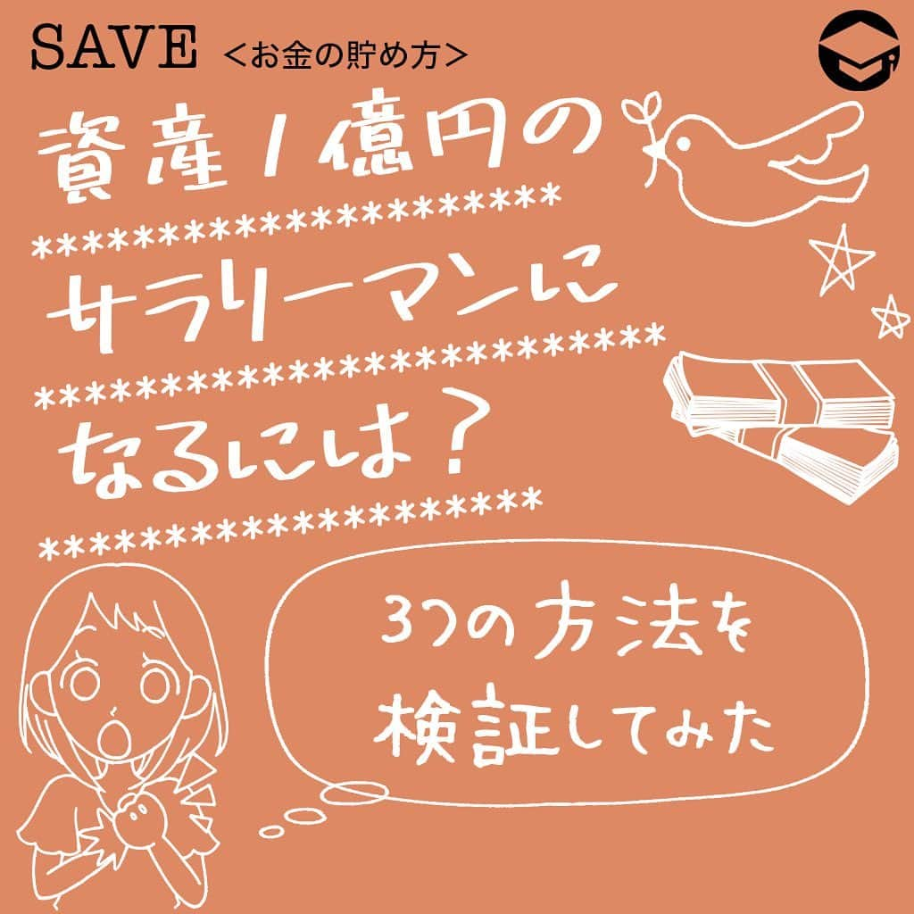 ファイナンシャルアカデミー(公式) さんのインスタグラム写真 - (ファイナンシャルアカデミー(公式) Instagram)「﻿ 資産1億円のサラリーマンになるには？３つの方法を検証してみた﻿ ＊＊＊＊＊＊＊＊＊＊＊＊＊＊＊＊＊＊＊＊＊＊＊﻿ ﻿ 「富裕層」の定義とは？﻿ 富裕層の定義として、野村総合研究所は「純金融資産（総資産から負債を引いた額）が1億円以上の世帯」としています。﻿ ﻿ 負債を引きますので、総資産額からローン残高を引いて計算します。ちなみに純金融資産5億円以上の場合は超富裕層と呼ばれます。﻿ ﻿ 現在、国内で富裕層と超富裕層を合わせた世帯は、全体の2％程度です。50世帯に1世帯という計算ですので、学校で言うと1～2クラスに1人は富裕層がいることになります。﻿ ﻿ お金持ちは意外と身近にいますので、あなたの知り合いにも富裕層がいるかも知れませんね。﻿ ﻿ ＊＊＊＊＊＊＊＊＊＊＊＊＊＊＊＊＊＊＊＊＊＊＊﻿ ﻿ 資産1億円を目指す方法①貯金﻿ 貯金だけで1億円を達成するには、毎年100万円の貯金で100年間かかります。﻿ ﻿ 200万円貯金できる優秀な家計でも、50年間が必要です。﻿ ﻿ 単純に今年貯金できた金額を何倍すれば1億円になるのかを計算してみてください。﻿ ﻿ おそらく多くの方にとって、生きていることが難しい年数となるでしょう。﻿ ﻿ ＊＊＊＊＊＊＊＊＊＊＊＊＊＊＊＊＊＊＊＊＊＊＊﻿ ﻿ 資産1億円を目指す方法②年収﻿ 年収1億円以上稼いでいる人は労働者全体の0.03％程度とわずかです。﻿ ﻿ 1万人に3人程度の割合となります。﻿ ﻿ 年収1億円を達成できるのは経営者やプロスポーツ選手などごく一部の人だけです。﻿ ﻿ しかも、年収が高額となると税金や健康保険料なども高額となり、年収1億円の場合は手取り収入で言うと5,000万円を下回ります。手取り1億円を年収だけで達成するには2億円を超える年収が必要となります。﻿ ﻿ ＊＊＊＊＊＊＊＊＊＊＊＊＊＊＊＊＊＊＊＊＊＊＊﻿ ﻿ 資産1億円を目指す方法③資産運用﻿ 資産運用で1億円を達成するには、利回りが重要。﻿ ﻿ 基本的に金融商品はリターンが高くなればなるほどリスクも高くなるので、期待利回りが高ければ良いというわけでもありません。﻿ ﻿ ここでは代表的な金融商品である株式を中心に考えます。株式投資の期待利回りは6％～8％程度です。﻿ ﻿ ＜利回り6％、当初投資額500万円、毎月積立額5万円＞﻿ 34年目に資産1億円に到達。﻿ ﻿ ＜利回り10％、当初投資額1,000万円、毎月積立額10万円＞﻿ 20年目で資産1億円を達成可能。28年目には2億円に。﻿ ﻿ ＊＊＊＊＊＊＊＊＊＊＊＊＊＊＊＊＊＊＊＊＊＊＊﻿ ﻿ 現実的なのは、資産運用で1億円を目指すこと﻿ 日本人は欧米に比べてマネーリテラシ―（金融知識）が低いと言われていますが、欧米では資産形成を株式や債券などの金融商品を用いて行うことが浸透しています。﻿ ﻿ 20年～30年以上の長期投資であれば資産1億円を達成することも夢ではありません。﻿ ﻿ そのためには、短期で大儲けを考えるようなギャンブル的投資ではなく、しっかりと堅実な投資により資産を増やしていくことが大切です。﻿ ﻿ また株主優待を貰うことを長期投資のモチベーションにするなど楽しみながら投資を行うと良いでしょう。﻿ ﻿ #ファイナンシャルアカデミー #お金の教養  #手書きアカウント #情報収集 #株式投資初心者 #株式投資女子 #株初心者 #資産運用初心者 #お金持ちになりたい #お金が欲しい #お金がほしい #お金を増やす #お金持ちになる方法 #1億円 #資産1億円」1月10日 17時41分 - financial_academy