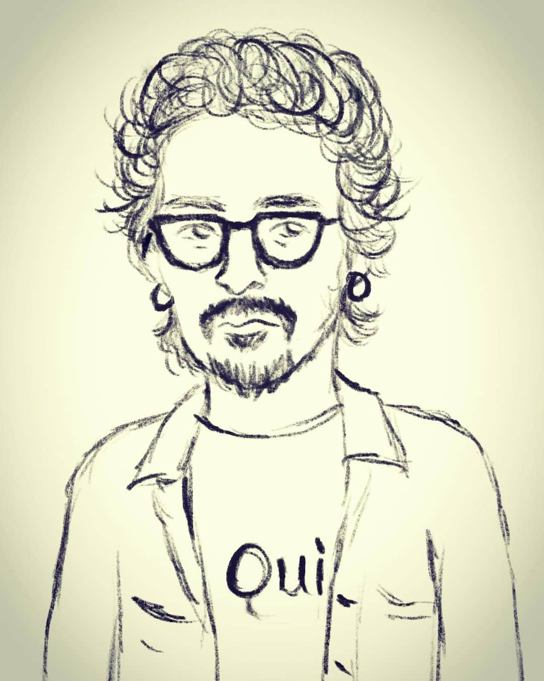 和田美枝のインスタグラム：「お絵描キクケコ🎨🎨🎨 #KingGnu #常田大希　さん #というより #この絵だけでみると #車いじってそう感 #シンプルな服装なのにデニムはビンテージ履いてそう感 #コーヒーはブラック #ゴールデンレトリバー5匹くらい連れて散歩してそう #みたいな感じの人な絵だ #あくまでも想像w #iPadPro」