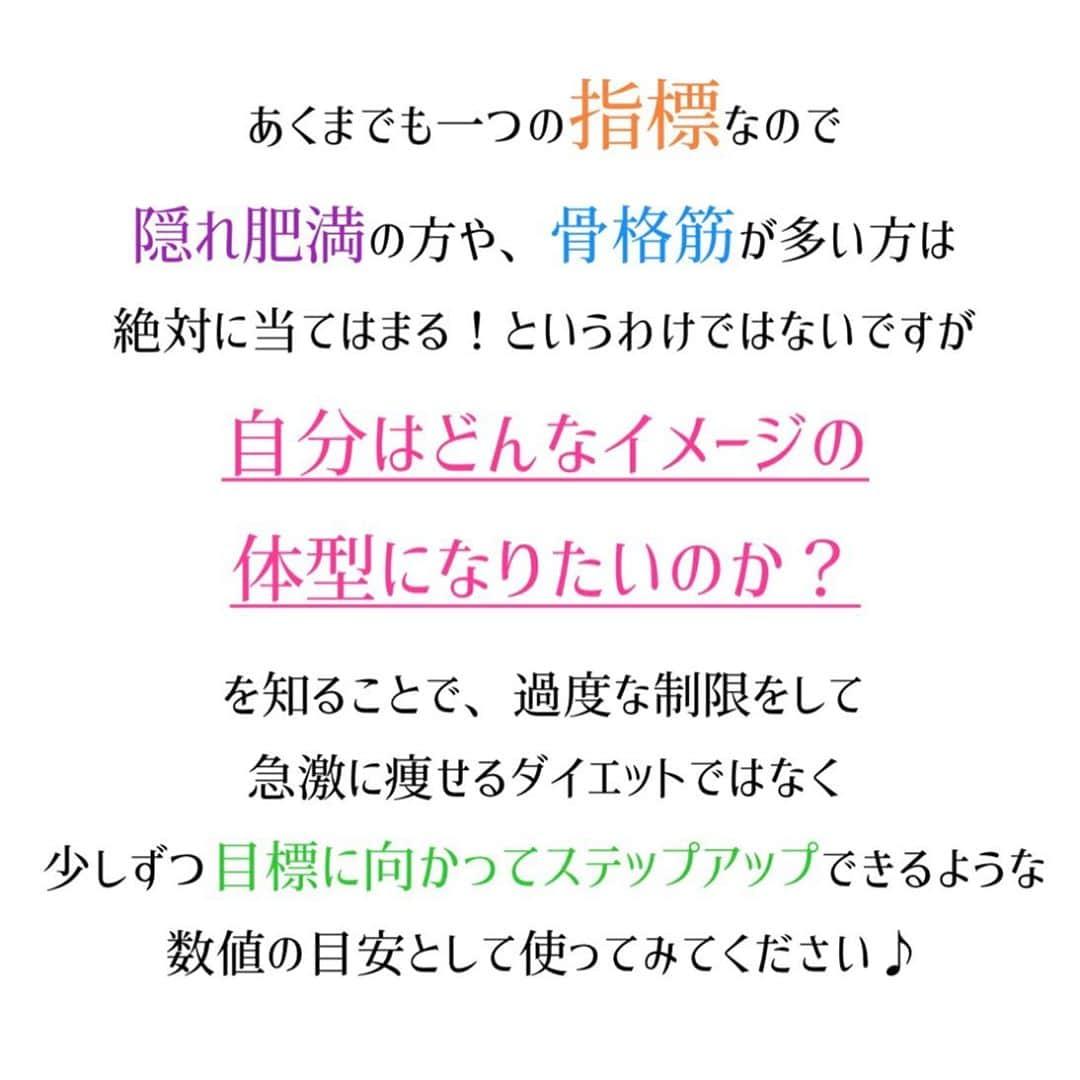 西村紗也香さんのインスタグラム写真 - (西村紗也香Instagram)「.﻿ BMIは身長と体重からの計算で﻿ 健康診断や病院でもよく見かけますが﻿ いわゆる標準ゾーンとしてあるのは﻿ 病気になりにくい数値なので﻿ 「こんなに体重あったらぽちゃってる💦」﻿ って数値だったりしますよね(*_*)﻿ ﻿ でも、細かくイメージ化して﻿ どのくらいの数値が自分のイメージと﻿ 合っているのか💡﻿ がすぐに分かる表があるので﻿ 参考にしてみてください💕💕﻿ ﻿ 体脂肪率の目安は﻿ 私が過去に栄養サポートをさせていただいた﻿ クライアントさんの平均で出してます♪♪﻿ ﻿ ﻿ ﻿ 隠れ肥満やアスリートの方の判断には﻿ 使用できませんが💦﻿ あくまで目安として…✨﻿ ﻿ 痩せたいけど…﻿ どうやって目標数値を立てたらいいんだろう？﻿ ﻿ と悩んでいる方は﻿ ぜひ計算してみてください❤️﻿ ﻿ ﻿ ﻿ 私は自分の中で﻿ 華奢なモデル体型が好きなイメージなので﻿ BMIは18以上には絶対！なりたくない！﻿ と思っています😙﻿ ﻿ ﻿ ﻿ 痩せている＝正義、美人﻿ ﻿ ではないですし、﻿ なりたいイメージは人それぞれです✨﻿ ﻿ ﻿ 病的な状態にならなければ﻿ どのイメージを理想としても良いと思います♡﻿ ﻿ ﻿ ﻿ ※BMIのイメージは目安です。﻿ 日本肥満学会の肥満度判定基準は﻿ 18.5〜25未満が普通体重とされています。﻿ ﻿ しかし、、﻿ 18.5〜25の見た目は同じなのかといえば﻿ それはかなり変わってくるため 細かく分かりやすくするために投稿しました！﻿ ﻿ 皆さんの数値設定に役立て頂ければ幸いです♡﻿ ﻿ ﻿ ﻿ ﻿ ﻿ ﻿ ﻿ #栄養コンシェルジュ #食事記録 #食事指導 #痩せる食べ方 #痩せる習慣 #リバウンド #ダイエット #インスタダイエット #食べて痩せる #リバウンドしないやせる食べ方」1月10日 20時19分 - _sayakanishimura_