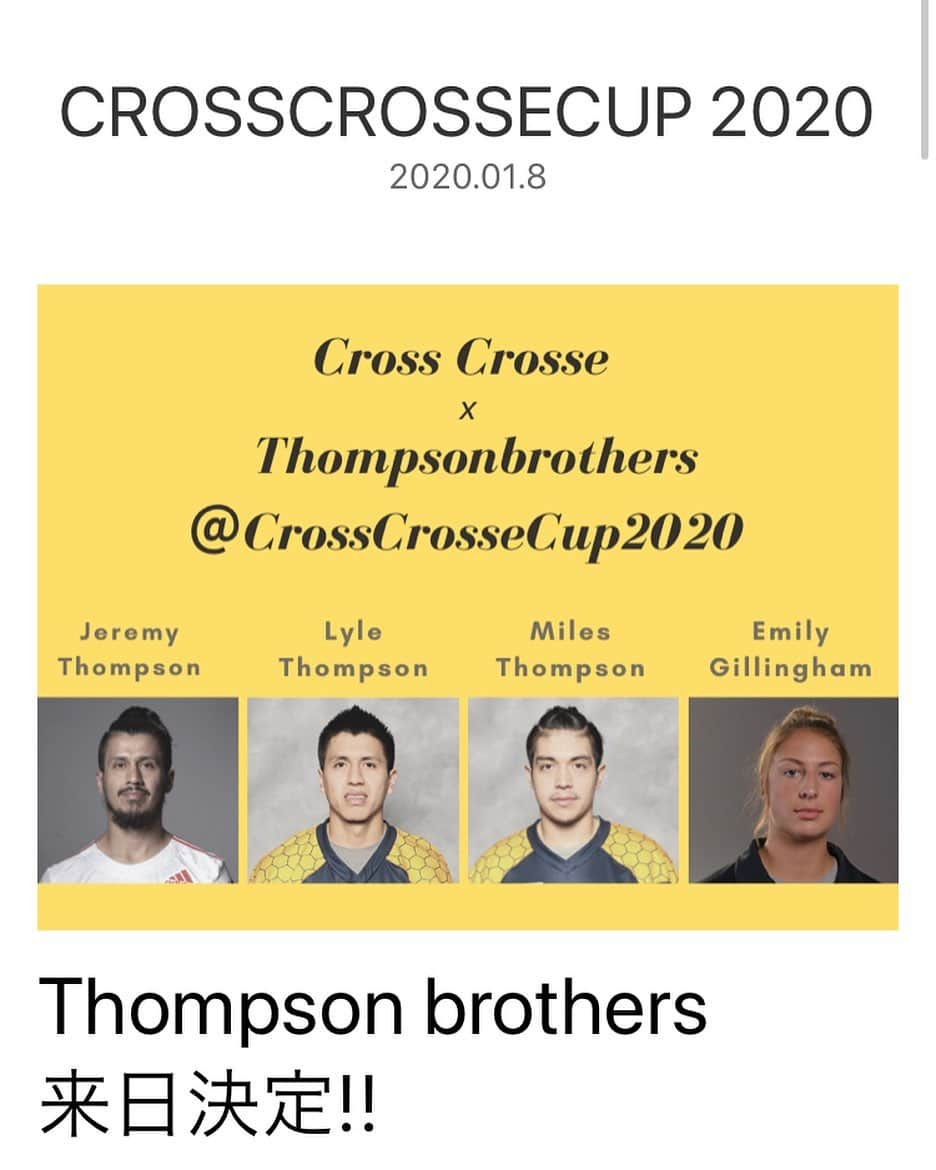 山田幸代さんのインスタグラム写真 - (山田幸代Instagram)「CROSSCROSSECUP2020 Thompson  Brothers 来日決定！ ワクワクが止まらない！ 世界のテクニックを盗もう‼️ https://littlesunflower.co.jp/cross/crosscrossecup-2020/  2月25-26日　男子ターム 2月26-27日　女子ターム @御殿場　時之栖  2月21-22日　女子ターム @広島　ツネイシしまなみビレッジ  クリニック内容: 事前に各チームと相談の上、ポジション別のクリニックで行うか、チームセッションを行うか決定し、コーチングをお願いいたします。(個人参加の場合、ポジション別でのクリニックとなります) 各チームごとにクリック時間を分けることで、上記の内容を可能とします。 ※クリニックは1チーム 25-50名とし、それ以上の場合、2つに分かれていただく場合がございます。 25名以下の場合は、他チームとの合同でのクリニックになる場合がございます。 ※早期申込み割引きについて 男子クリニックにつきましては、1月20日までにお申し込み頂きました方に限り、10%割引を適応させていただきます。 詳しい内容につきましては、下記お問い合わせ先までご連絡いただきますようおねがいいたします。  今からでも参加可能です。 個人、チーム共に申し込み可能です。 参加希望の方は下記メールアドレスまでお問い合わせください  お問い合わせ先: japanlacrossecc@gmail.com 担当者: 山田  #thompsonbrothers #lacrosse #crosscrosse #crosscrossecup2020」1月11日 10時34分 - lacrosseplayer_sachiyoyamada