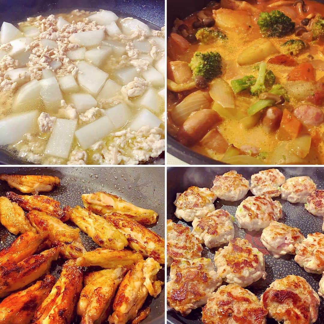 のインスタグラム：「今週の作り置きです。  大根のそぼろ煮→野菜のトマトクリーム煮→手羽中の甘辛炒め→豚こまのまとめ焼き。  豚こまのまとめ焼きはお気に入りのレシピサイトで見てアレンジしました。 豚肉を細かく切り、ネギ、醤油、塩、ごま油、片栗粉を入れてハンバーグみたいに丸めます。 こんがり焼いて出来上がり。  ビールのおつまみになります。」