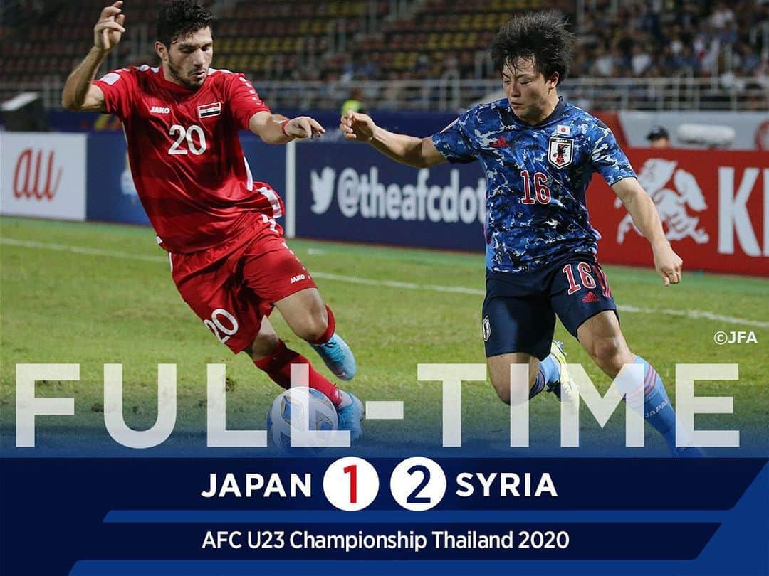 のインスタグラム：「U-23日本代表、1-2でU-23シリア代表に敗れる ・ 🏆AFC U23選手権タイ2020 🇯🇵#U23日本代表 1-2 U-23シリア代表🇸🇾 ・ 📅1/12 22:15 KO 📍Thammasat Stadium ・ ――― 🏆AFC U-23選手権タイ2020（1/8～26） 1/9 1-2 U-23サウジアラビア🇸🇦 1/12 1-2 U-23シリア🇸🇾 1/15 22:15 🆚U-23カタール🇶🇦 📺テレビ朝日系列/NHK BS1 👉大会情報はJFA.jpへ #daihyo #U23日本代表 #AFCU23 ―――」