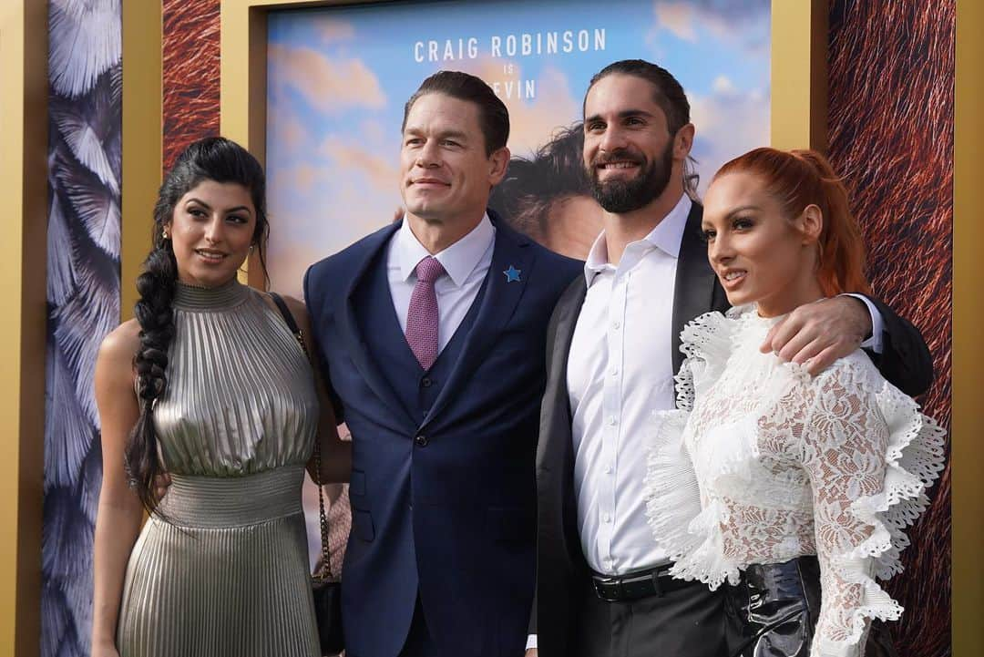 セス・ロリンズのインスタグラム：「Congrats to @johncena on an absolutely tremendous premiere. #dolittle #wetdonut _____ Congrats to my (super hot) fiancée for looking INCREDIBLE (always). @beckylynchwwe  _____ And congrats to me for the miracle of somehow locking her down forever.」