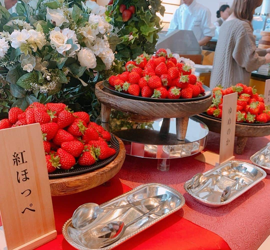 澤野井香里さんのインスタグラム写真 - (澤野井香里Instagram)「苺の美味しい季節には必ず来てる#帝国ホテル大阪 の#苺スイーツバイキング へ╰(*´︶`*)╯🍓﻿ @imperialhotel_jp_official ﻿ ﻿ 今年は更にパワーアップして、初登場の苺わらび餅🍓や苺モンブラン🌰もあったり、大好きな苺ミルフィーユショコラも💕﻿ ﻿ #紅ほっぺ #ゆめのか #恋みのり の食べ比べではMも一緒にパクパク♪﻿ ﻿ たどり着けなかったけど‘あまおう’の苺ソフトクリーム🍦も気になった✨﻿ 充実の苺を使ったフードメニューもとっても美味しくて、いつも大満足♡﻿ ﻿ 一緒に来た @akari_hsb と @tucha_k の長男くんもMと数日違いのもうすぐ1歳になるおなじ1月生まれのBaby👶🍼﻿ みんなが可愛がってくれて、3人の絡みにも癒やされた💓﻿ ﻿ ホテルだと子連れでも暖かいホスピタリティーで出迎えてくれるし、4歳未満は🆓なので子連れママ会にもオススメです🥰 ﻿ ﻿ 帝国ホテル大阪 1F ブフェ&ラウンジ『ザ パーク』﻿ 苺スイーツバイキング 🍓〜苺とショコラの饗宴〜﻿ ﻿ 1/11〜3/8、第2弾 3/12〜5/31 開催予定﻿ 平日 15:00〜16:30﻿ 土日祝 14:00〜15:30 / 16:00〜17:30﻿ 大人 5800円﻿ 子供（4〜12歳）2900円  税サ込﻿ ☎︎ 06-6881-4888 ﻿ ﻿ #ks_20✨  #ks_osaka✨ #帝国ホテル大阪 #苺ビュッフェ #ホテルビュッフェ  #食べすたぐらむ #大阪グルメ #大阪ランチ #京都ママ #関西ママ #0歳 #生後11ヶ月 #赤ちゃん #赤ちゃんのいる生活 #ks_dau #ks_dau_2020 #M🍒_」1月13日 13時59分 - kaori_sawanoi