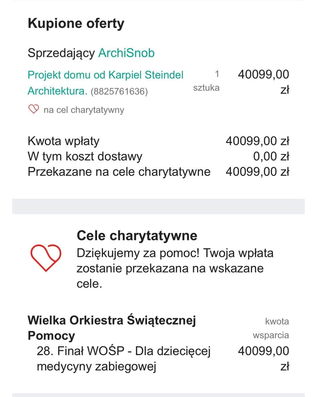 ヴォイチェフ・シュチェスニーのインスタグラム：「Dziekuje @karpielsteindel.architektura  za wspieranie @fundacjawosp ❤️ i wystawienie na licytacje swoja prace! Dla mnie i @marina_official to najlepiej wydane pianiazki. Zachecam wszystkich aby wspierac jak co roku Wielka Orkiestre Swiatecznej Pomocy. Do konca swiata i o jeden dzien dluzej ❤️」