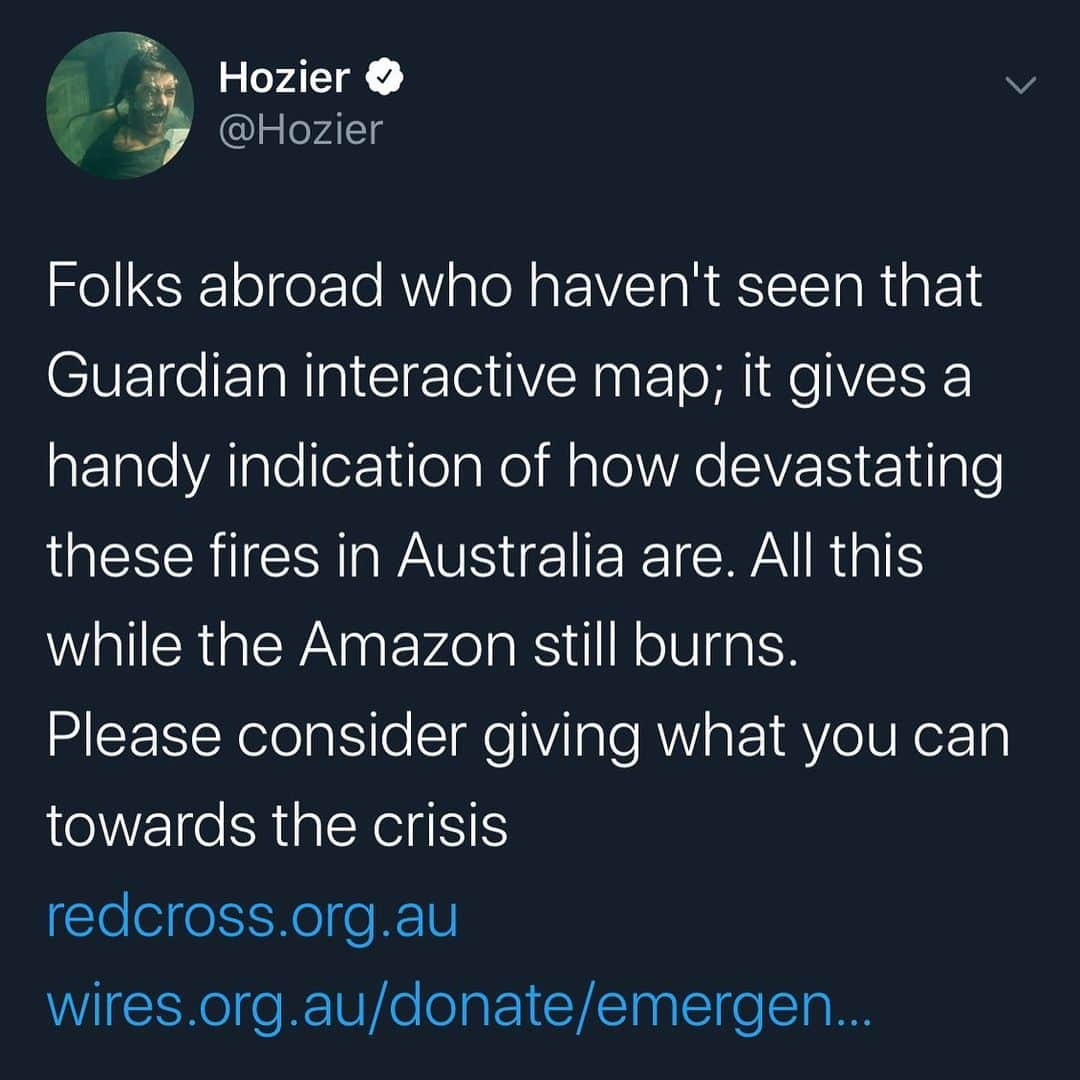 ホージアさんのインスタグラム写真 - (ホージアInstagram)「https://www.redcross.org.au/  https://www.wires.org.au/」1月14日 0時34分 - hozier