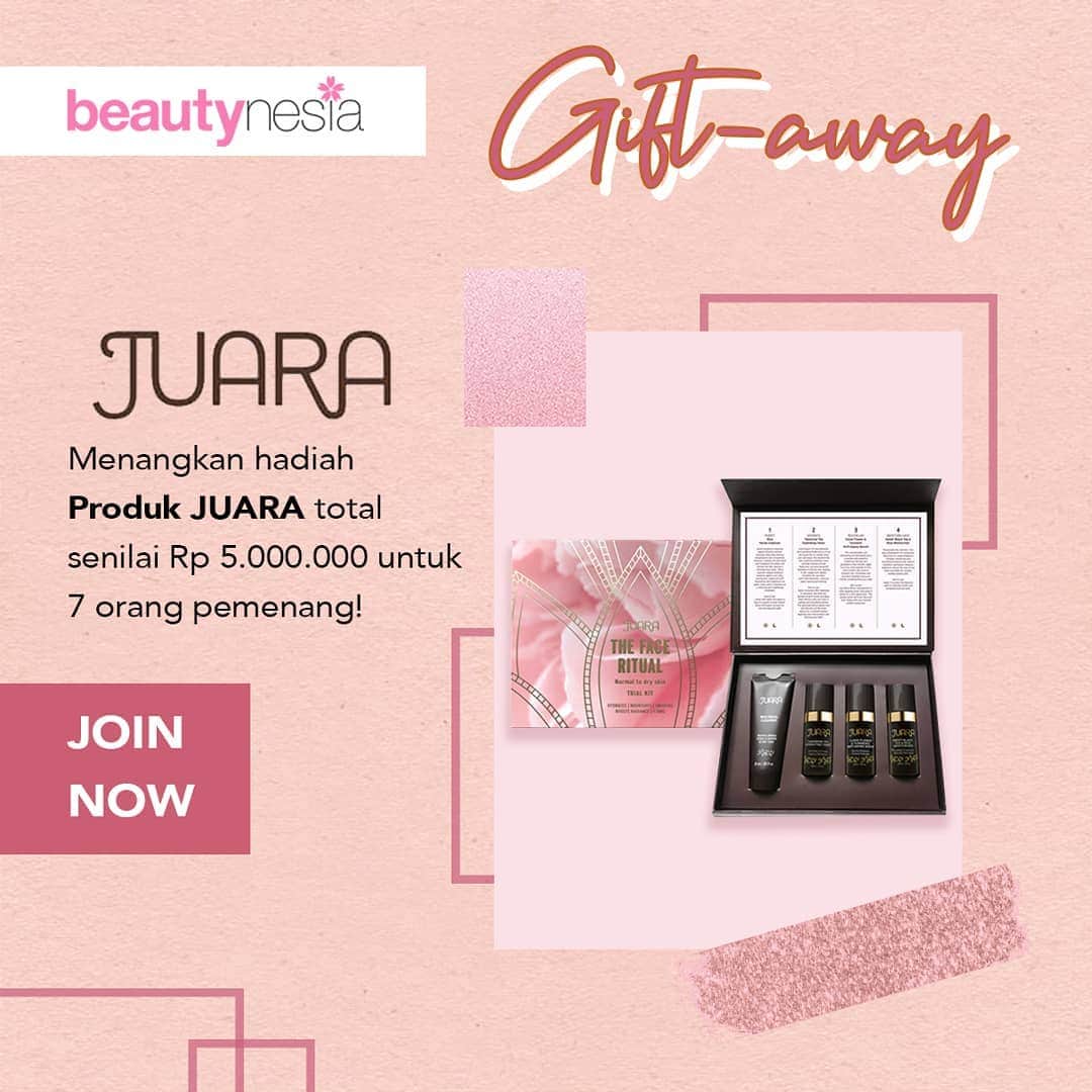 のインスタグラム：「Tinggal di negara tropis membuat kulit kita jadi mudah kusam dan kering, Beautynesian. Tapi sekarang kamu bisa memiliki kulit wajah yang sehat dan cerah hanya dengan 4 langkah, penasaran sama produknya? Jawabannya adalah dengan rangkaian perawatan The Face Ritual dari @juarabeauty ! Rangkaian perawatan wajah yang efektif ini terdiri dari 4 tahapan, yaitu Rice Face Cleanser, Tamarind Tea Hydrating Toner, Clove Flower & Turmeric Anti Aging Serum dan Sweet Black Tea & Rice Moisturizer. Selain membersihkan kulit wajah, The Face Ritual juga dapat menghidrasi dengan lembut, mencerahkan, mengencangkan, serta melembapkan.  Pengen cobain? Kamu lagi beruntung nih, karena JUARA Beauty dan Beautynesia akan membagikan The Face Ritual untuk 7 pemenang, dengan total hadiah senilai Rp5.000.000! Cek cara untuk ikutan ya!  1. Komen di bawah tentang gimana kamu tahu JUARA Beauty, dan kenapa kamu pengen coba The Face Ritual 2. Ajak dan tag 3 teman kalian untuk ikutan  Buruan ikutan!  #Beautynesia #BeautynesiaID #giveawaybeautynesia #giveaway #JUARABeauty #JUARASkincare #JUARAgiveaway #JUARABeautyXBeautynesia」
