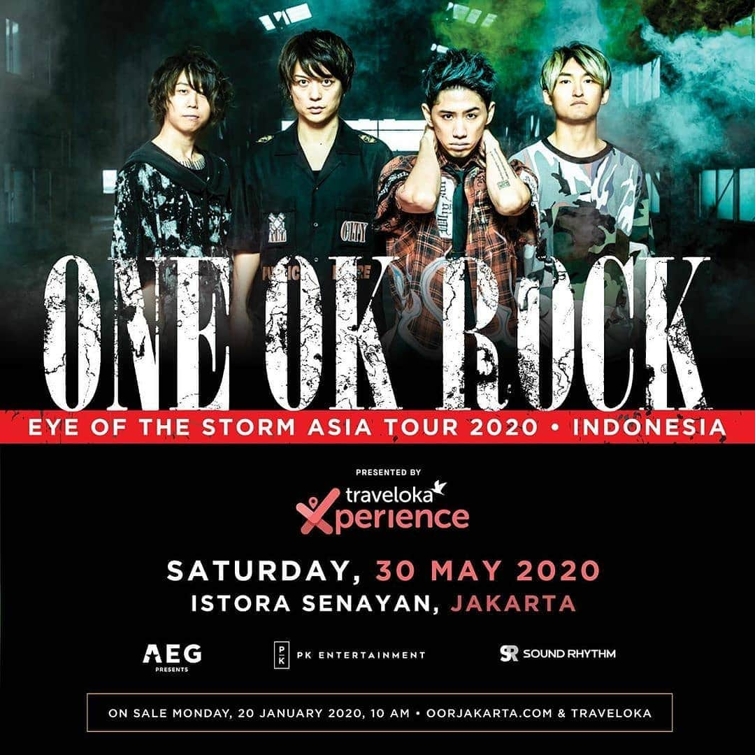 ONE OK ROCK WORLDさんのインスタグラム写真 - (ONE OK ROCK WORLDInstagram)「■「ONE OK ROCK EYE OF THE STORM TOUR 2020 INDONESIA」  ONE OK ROCK will be visiting Jakarta with"EYE OF THE STORM TOUR 2020 INDONESIA"on May 30th 2020 at Istora - Senayan Jakarta.  Several ticket categories will be available:  Premium Tribune: IDR. 2,000,000  Festival: IDR. 1,000,000  Tribune 1: IDR.750,000  Tribune 2: IDR. 500,000.  Tickets will be available for general sales starting from January 20th 2020 at 10.00 AM (Local Time) only at www.traveloka.com and www.oorjakarta.com .  This event is promoted by AEG Presents Asia, PK Entertainment, and Sound Rhythm.And presented by Traveloka Xperience.  _ ■「ONE OK ROCK EYE OF THE STORM TOUR 2020 INDONESIA」  ONE OK ROCKは、2020年5月30日にイストラ-スナヤンジャカルタで「EYE OF THE STORM TOUR 2020 INDONESIA」でライブを行う。  いくつかのチケットカテゴリが利用可能。  プレミアムトリビューン：IDR. 2,000,000  フェスティバル：IDR.1,000,000  トリビューン1：IDR.750,000  トリビューン 2：IDR.500,000  チケットは、2020年1月20日10:00 AM（現地時間）www.traveloka.com、www.oorjakarta.comでのみ一般販売が可能。  #oneokrockofficial #10969taka #toru_10969 #tomo_10969 #ryota_0809 #fueledbyramen #eyeofthestorm #eyeofthestormjapantour20192020」1月13日 17時50分 - oneokrockworld