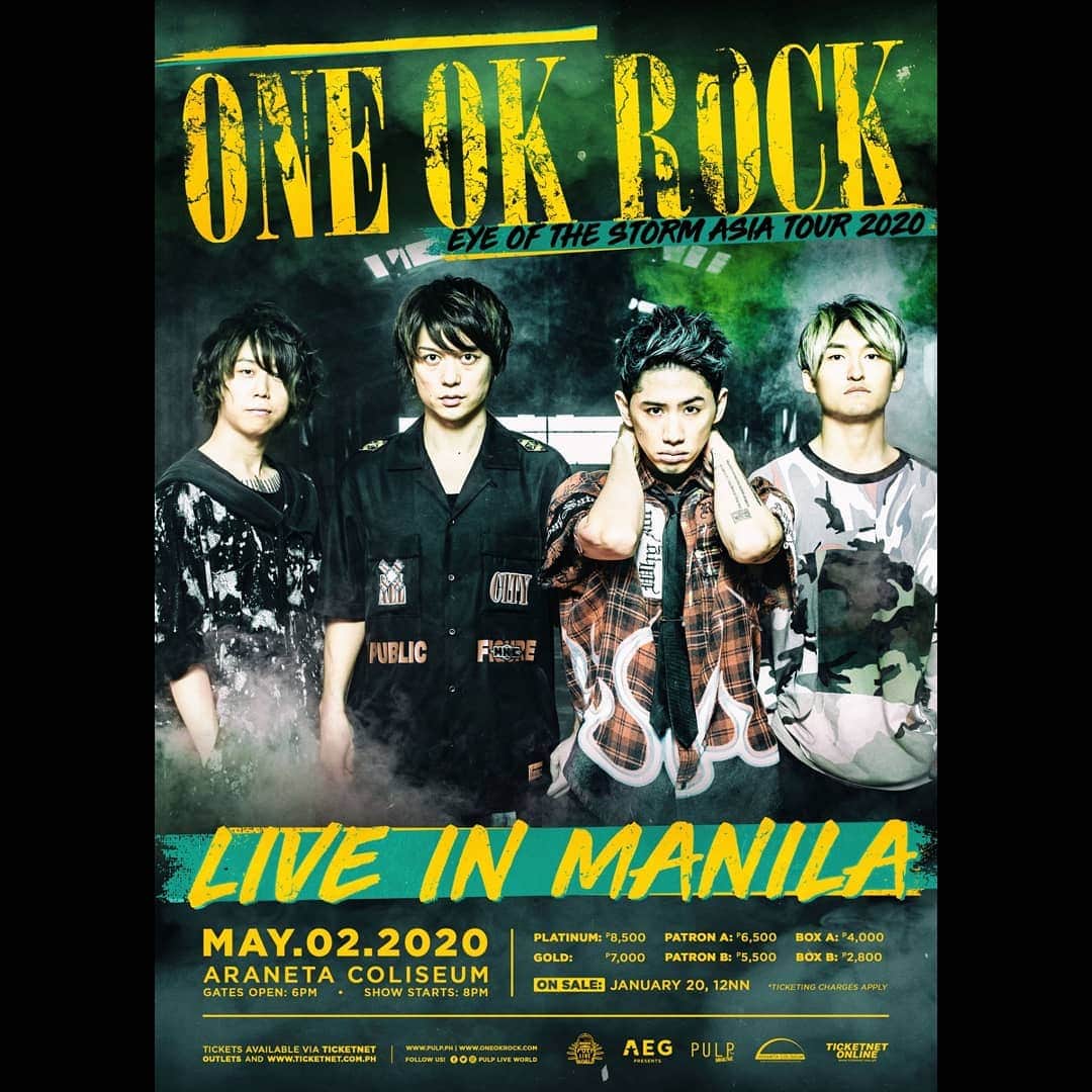 ONE OK ROCK WORLDさんのインスタグラム写真 - (ONE OK ROCK WORLDInstagram)「■「ONE OK ROCK EYE OF THE STORM ASIA TOUR IN MANILA」  Japanese rock phenoms @oneokrockofficial are taking their most breathtaking world tour to Manila!  ONE OK ROCK EYE OF THE STORM ASIA TOUR 2020 Live in Manila happens on 05/02 at The Big Dome.  Tickets on sale 01/20 12NN via @ticketnetph.  _ ■「ONE OK ROCK EYE OF THE STORM ASIA TOUR IN MANILA」  日本のロック旋風者 @oneokrockofficial が世界ツアーでついにマニラへやってくる！ ライブは「ONE OK ROCK EYE OF THE STORM ASIA TOUR IN MANILA 」で05/02にマニラのThe Big Domeで開催予定。 @ticketnetphから1月20日からチケット発売。  #oneokrockofficial #10969taka #toru_10969 #tomo_10969 #ryota_0809 #fueledbyramen #eyeofthestorm #eyeofthestormjapantour20192020」1月13日 18時20分 - oneokrockworld