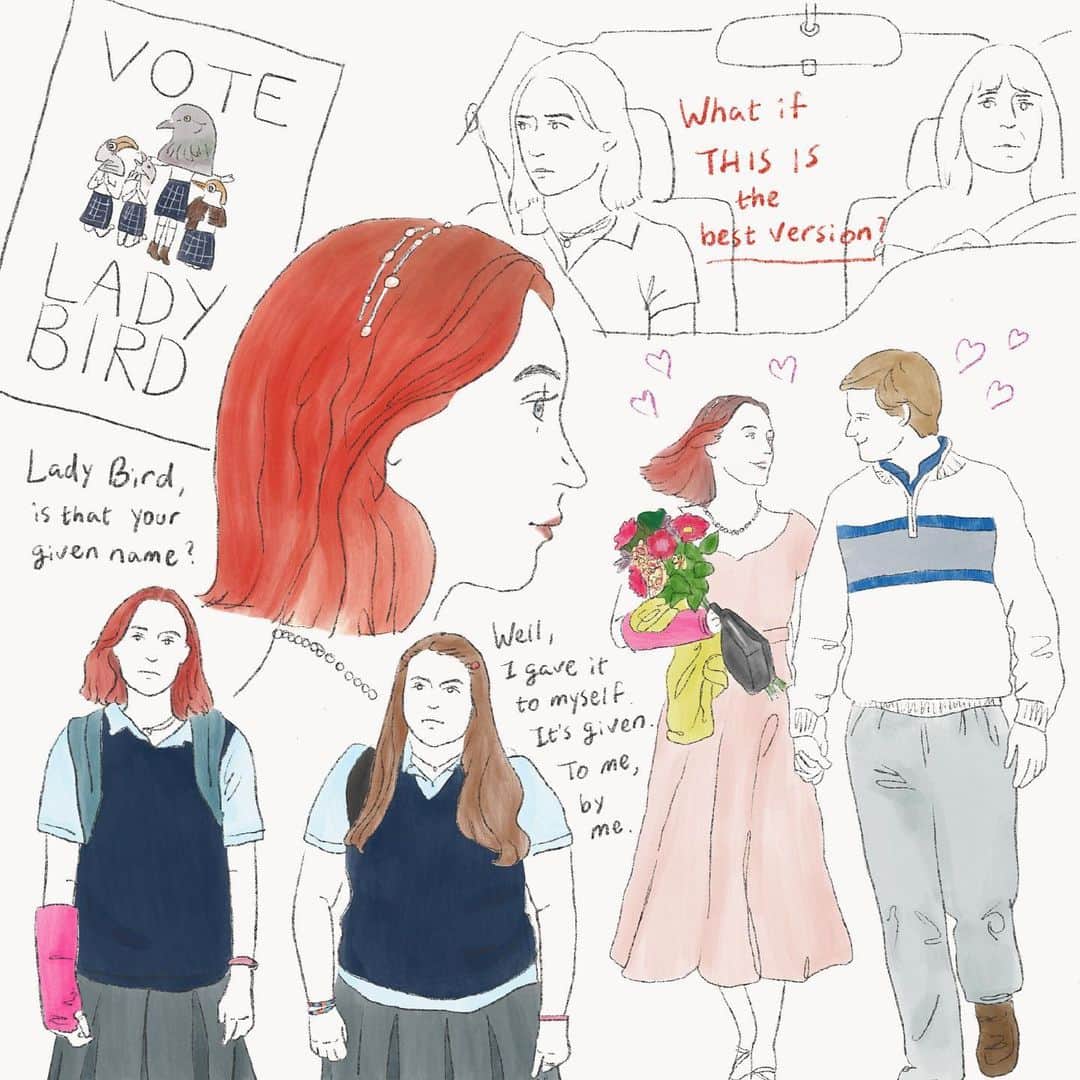 Apricots Artのインスタグラム：「Lady Bird🕊 新成人のみなさまおめでとうございます！ “coming of age”っぽい映画🎟 #theatredemina  Illusted by Mina」