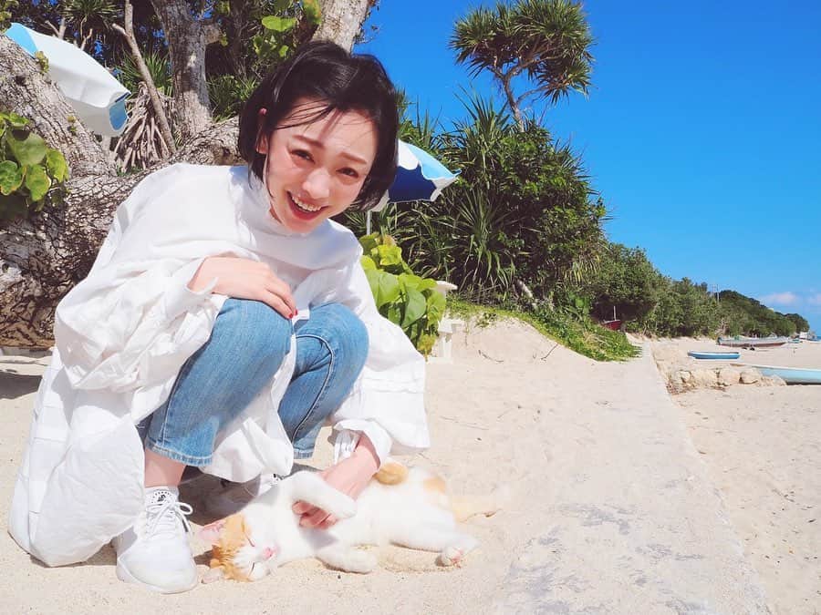 のインスタグラム：「みなさん三連休はゆっくりでしましたか？ どんな休日だったのかなぁ☺︎ ・ ・ #instagood #instalike #instafashion #whiteshirt #tripgram #okinawatrip #okinawa #okinawajapan #nature #naturephotography #naturelovers #japanesegirl #沖縄 #沖縄旅行 #南城市 #instasea #beach #beachlife #新原ビーチ #にーばるビーチ #猫のいる暮らし #違う違う #ただ出逢って仲良くなっただけ #catstagram #cat #人懐っこくて連れて帰りたかった #ニシアイアート」