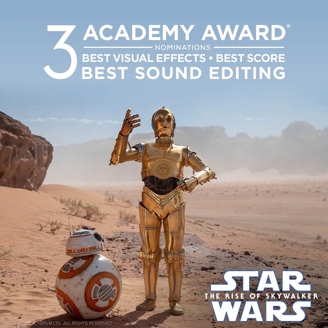 スター・ウォーズさんのインスタグラム写真 - (スター・ウォーズInstagram)「Star Wars: #TheRiseOfSkywalker has been nominated for 3 Academy Awards for Best Visual Effects, Best Score, and Best Sound Editing. Congratulations! #OscarNoms」1月13日 22時55分 - starwars