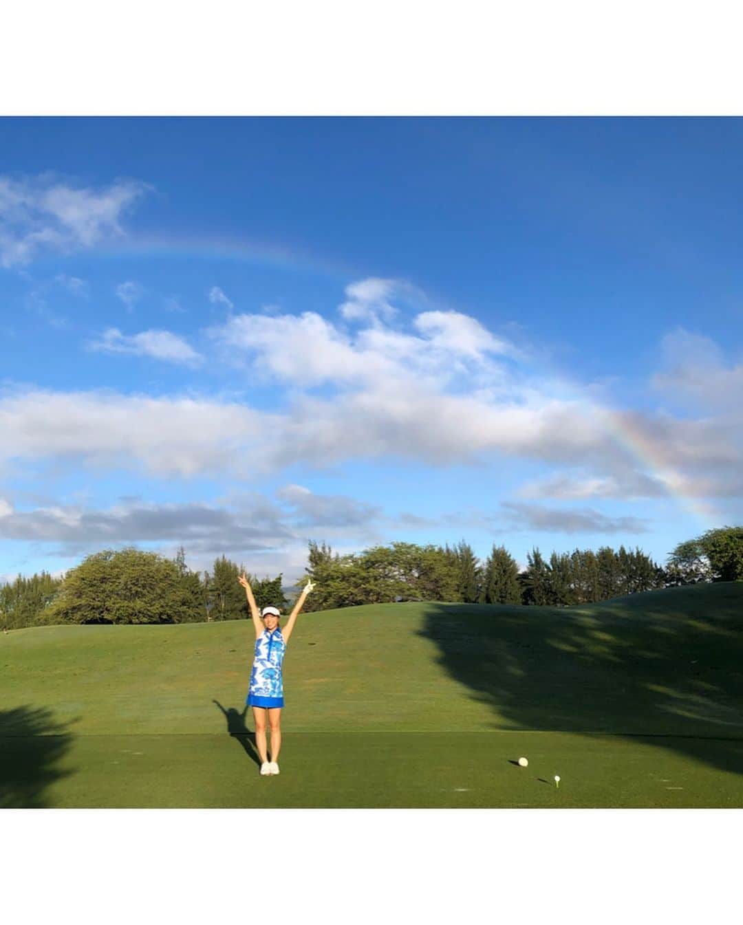 橋本真依さんのインスタグラム写真 - (橋本真依Instagram)「・﻿ ハワイゴルフ⛳️最終日！﻿ これでハワイ合宿の投稿はおしまいです🌴﻿ ﻿ この日は「#エバビーチゴルフクラブ 」﻿ ﻿ コオリナに比べて狭い印象があります✨﻿ 後半のパー3はグリーンから綺麗なハワイっぽい景色が！バーディチャンスを外しました💦笑﻿ ﻿ ﻿ そして今回初のレインボー🌈🌈🌺☀️﻿ ハワイで虹を見るとまたハワイに来られるという﻿ ジンクスがあります。﻿ 最後の最後に見られてよかった💗﻿ ﻿ のと、レディースのところで大きくかかりました🌈﻿ ﻿ レインボーショット‼️﻿ これには感動しました💗🥺﻿ ﻿ ﻿ そしてワイキキで毎週行なわれている花火🎆﻿ ここまで近くで見たのも初めて💗﻿ 充実した年末ハワイ合宿でした✨﻿ ﻿ ﻿ ﻿ ﻿ ﻿ #女子力ねーさん#ハワイ#ハワイゴルフ#ゴルフ女子﻿ #happy#smile#love#peace#lucky#tbt#l4l#followme#followback#instagood#hawaii#swimwear#hawaii#hawaiilife#hawaiistagram#hawaiian#aloha#mahalo#waikiki#beach#sea#beautiful#bikini#golf#golfswing#hawaiigolf」1月14日 18時55分 - hashimotomai430