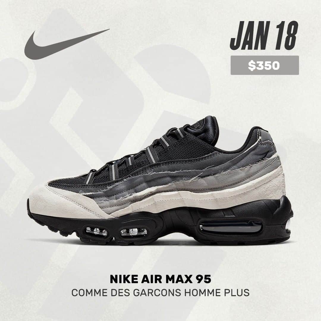 Sneaker Newsさんのインスタグラム写真 - (Sneaker NewsInstagram)「#SNReleaseAlert : The CDG x Nike Air Max 95 is set to release on January 18th for $350; three colorways will be available exclusively at Dover Street Market. Hit the link in our bio for a detailed look.」1月14日 16時00分 - sneakernews