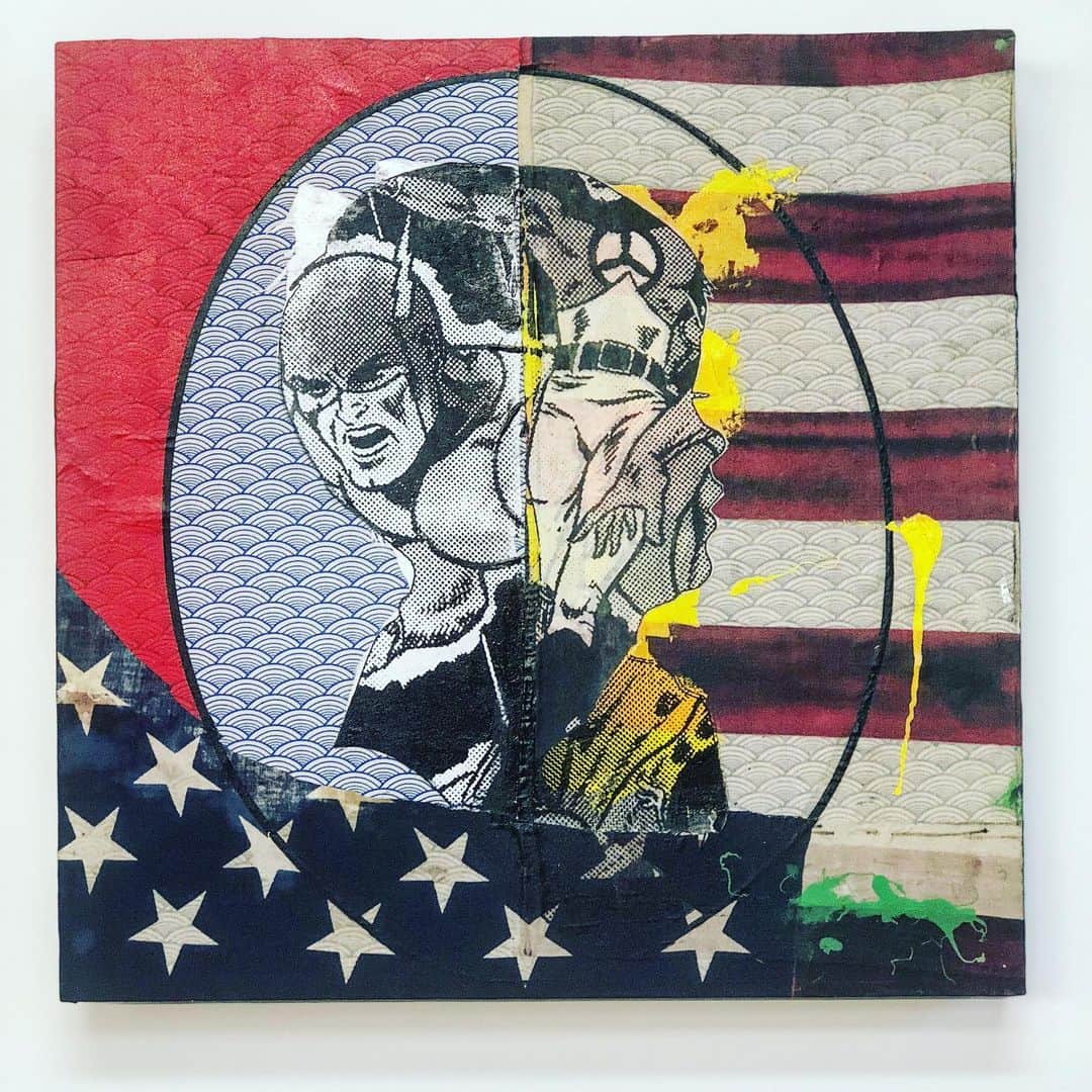 のインスタグラム：「This piece is one of my favorite small pieces I’ve ever done. Sometimes when you love something you just love it. In person it’s lovely and very tactile , the flag is a real vintage flag I got from the 1960’s I created 3 pieces in total. For this series. I never sold them because I felt they belonged to each other. I had offers for all of them separately but it never felt right.  For me this is a stamp in time and they were made with the others in mind.  The conversation is between all 3 not just one.  I hung this one up yesterday and smiled because it doesn’t look old , real@Art is timeless.  TITLE: Future Hero  Size : 24”x24”  Substrate: wood panel Medium : vintage flag with vintage Japanese fabric , aerosol and oils  Year: 2015  #rollandberry #contemporaryart #streetart #silkscreen #collageart #oilpainting #americanhero #energy #frequency #vibration #loveyourself #beliveinyourself #billionaire #unstoppable #universe #iwillalwaysmissyoujason」