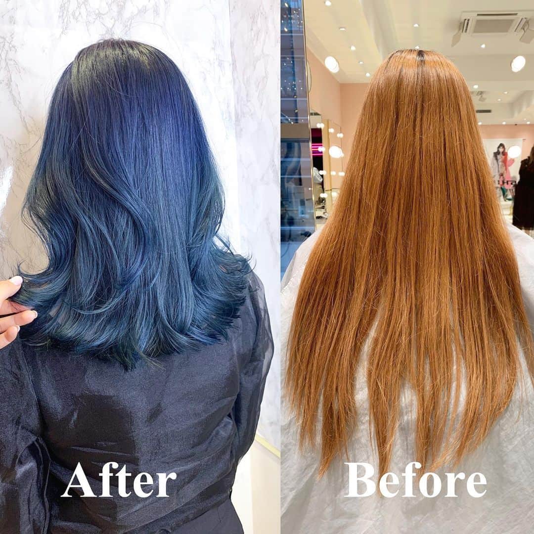 原涼香のインスタグラム：「劇的ビフォーアフター🇰🇷✨ 『 ミディアムレイヤー × Ocean blue 』 白肌プレミアムカラーと、 韓国式レイヤーカットのコラボ♡ ㅤㅤㅤㅤㅤㅤㅤㅤㅤㅤㅤㅤㅤ」