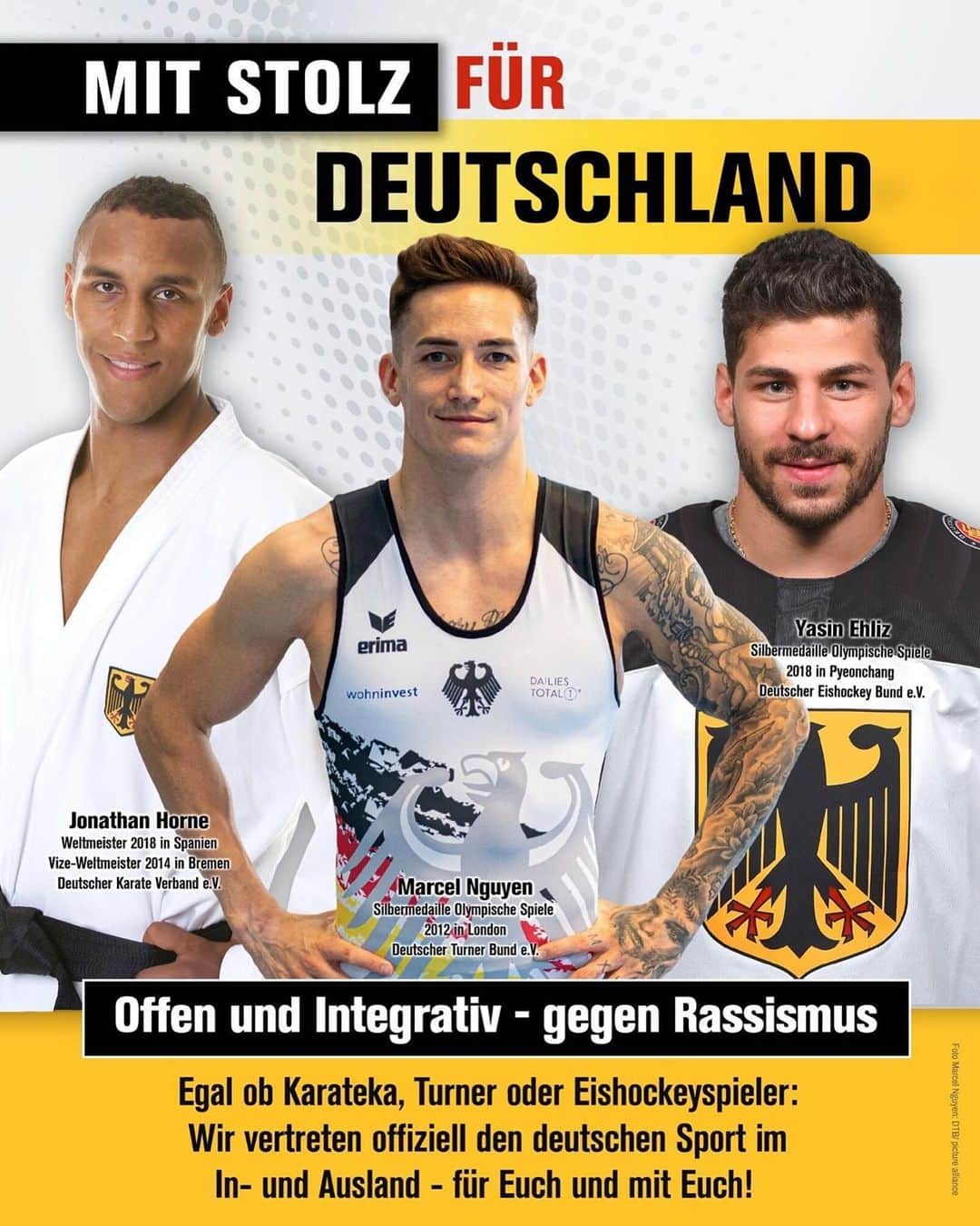 マゼル・ニューエンのインスタグラム：「So happy to be the face of the campaign "Mit Stolz für Deutschland" Such a great campaign by @deutscherturnerbund , @deb_teams and @karate_de . Sport should be about tolerance, respect and open- mindedness - there is simply no room for racism!  #notoracism #sport #fairplay #tolerance #respect #gymnastics #mitstolzfürdeutschland #themarcelnguyen」