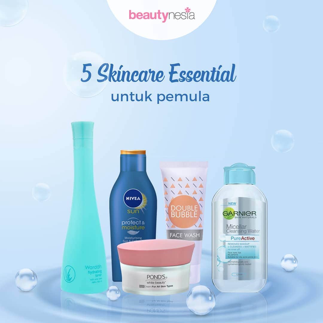 のインスタグラム：「Rangkaian skincare punya banyak manfaat untuk kulit, terutama untuk mengatasi masalah dan menjaga kulit tetap sehat, Beautynesian. Nah, buat kamu yang masih bingung mau mulai skincare-an dari mana? Yuk cek rekomendasinya!  1. Micellar Water: Garnier Micellar Cleansing Water Terdiri dari jutaan micelles, yaitu molekul kecil yang dapat mengangkat kotoran dan debu.  2. Facial Wash: Emina Double Bubble Digunakan untuk membersihkan wajah secara menyeluruh, setelah menggunakan micellar water.  3. Toner: Wardah Hydrating Toner Toner dapat menghidrasi kulit kembali terutama setelah menggunakan pembersih wajah.  4. Moisturizer: Pond’s White Beauty Day Cream Selain bisa menghidrasi kulit, moisturizer juga bisa menutrisi dan mencegah berbagai masalah kulit.  5. Sunscreen: Nivea Sun Protect & Moisture Skincare ini penting untuk kamu gunakan agar terhindar dari sinar matahari langsung, apalagi kalau kamu banyak kegiatan di luar ruangan.  Nah, kamu udah tertarik buat nyobain? #Beautynesia #BeautynesiaID #rekomendasiskincare #skincare #remaja」