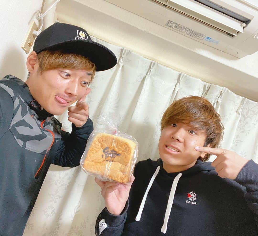 のインスタグラム：「今日はしょーたの母校、神戸弘陵の先輩がやられているパン屋さんから食パンをいただきました。😊 まじで美味い‼️ 笑い出たわ。わら  100%国産小麦で作ったやつで、てん菜糖とハチミツが入ってるからむっちゃ甘い✨  何も付けずにそのまま食えるってやつ😚 食パンが遂にクロワッサンに勝てる時代が来た✨🤓 みんなも是非食べてみて💪 超オススメ↓ @yui_yui_11.3 こだわりの食パン『結』-YUI-本店」