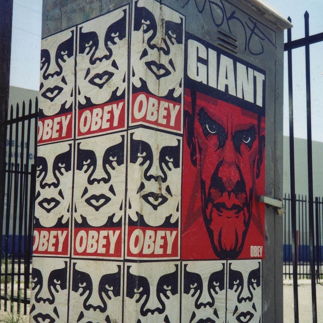 Shepard Faireyのインスタグラム：「#REPOST from @rogergastman: @obeygiant in the late 90s in San Diego. Safe to say these images were from him. Shepard has put in an amazing amount of work around the world and it has NOT slowed down. Work ethic is strong.⁠ ⁠ #archives⁠ #streetart⁠ #graffiti⁠ #shepardfairy⁠ #streetpizza⁠ #obey⁠ #workethic⁠ #andrethegiant ⁠ #workhard ⁠」