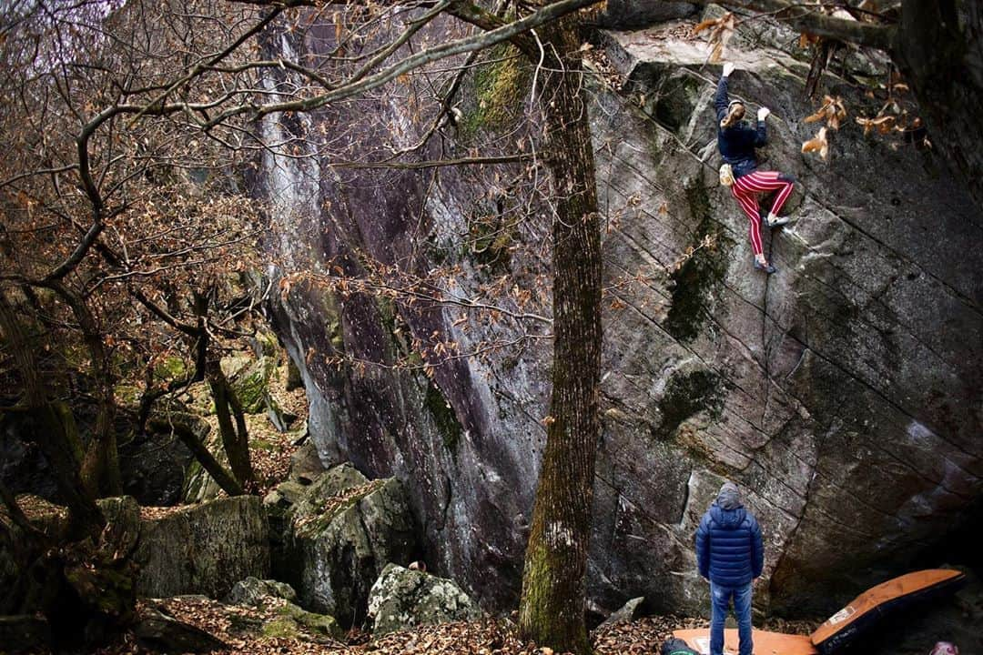 カロリーネ・ジンフーバーのインスタグラム：「thinking back to some relaxing vibes a few weeks ago 🍃 while dying at university 💀 #onemoreweek 📷 @tobiclimbing  @sosolid_official @belmezattitude @frictionlabs @scarpa_at @natureclimbing . . . . . . #climbing #klettern #bouldern #bouldering #swiss #schweiz #girl #noplacetoofar #scarpaclimb #frictionlabs #chalkmatters #natureclimbing #bouldering_came_first #iloooveit @climb_girls #climbgirls」