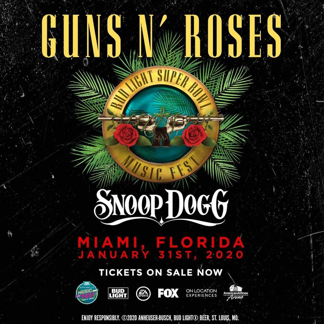 Guns N' Rosesさんのインスタグラム写真 - (Guns N' RosesInstagram)「Miami, we're bringing @snoopdogg as our special guest to the Super Bowl Music Fest. See you on 1.31 🤘#SuperBowlMusicFest」1月16日 6時12分 - gunsnroses