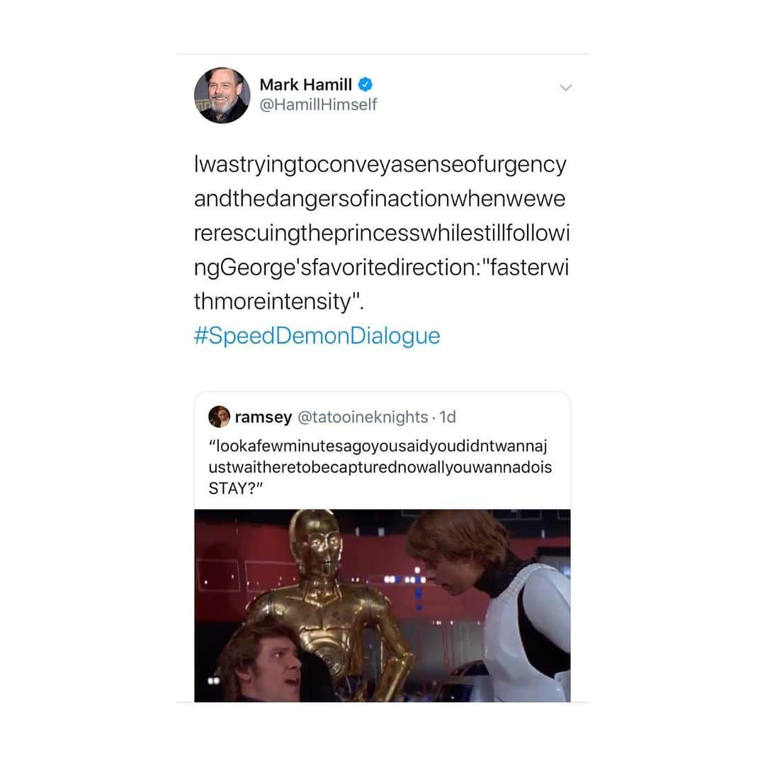 マーク・ハミルさんのインスタグラム写真 - (マーク・ハミルInstagram)「IwastryingtoconveyasenseofurgencyandthedangersofinactionwhenwewererescuingtheprincesswhilestillfollowingGeorge'sfavoritedirection:"fasterwithmoreintensity". #SpeedDemonDialogue」1月16日 10時49分 - markhamill