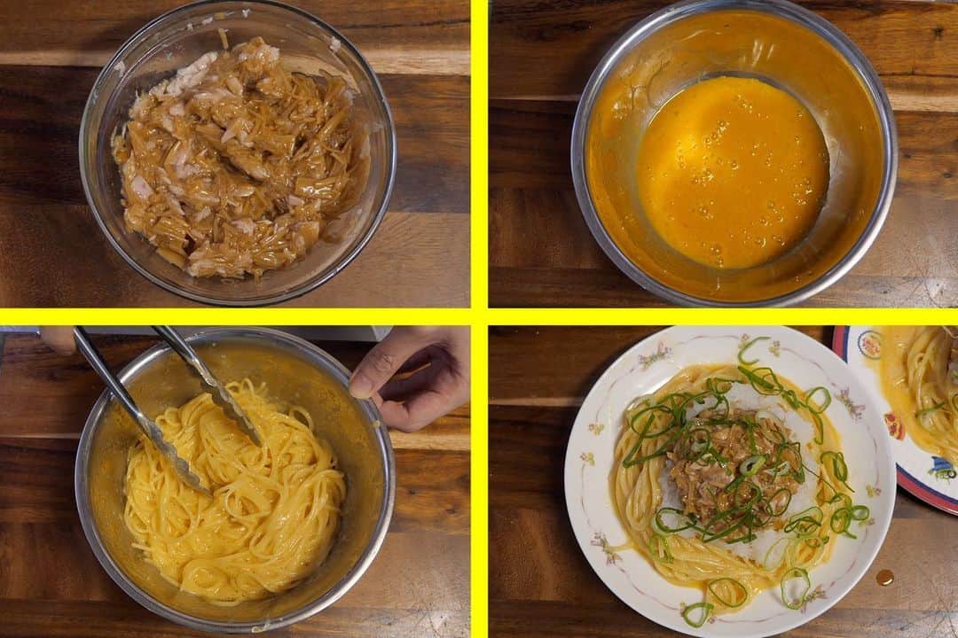 かっちゃんねるさんのインスタグラム写真 - (かっちゃんねるInstagram)「究極のズボラ飯🍝﻿ ﻿ 「釜玉なめ茸パスタ」（2人前)﻿ ﻿ ・なめ茸 大さじ4・ツナ缶 1缶・大根（すりおろす） 200g・乾燥パスタ 140g・刻みネギ 適量﻿ ﻿ ☆・卵 2個・だしの素 小さじ1・ごま油 小さじ2﻿ ﻿ ◎なめ茸・ツナ缶を混ぜる→☆の材料を混ぜる→パスタを深めの耐熱容器に入れ、浸る程度の水と塩（分量外）を入れ600wで規定の時間＋3分加熱→温かい間に湯を切りながら☆に入れ混ぜる→お皿に盛り付け、大根おろし、なめ茸ツナ、刻みねぎをちらす。﻿ ﻿ これ、ズボラですが本当に美味しいです😅（笑）﻿ ﻿ #パスタ #パスタレシピ #パスタグラム #ズボラ飯 #なめ茸 #料理 #レシピ #簡単レシピ」1月16日 12時19分 - kattyan1011