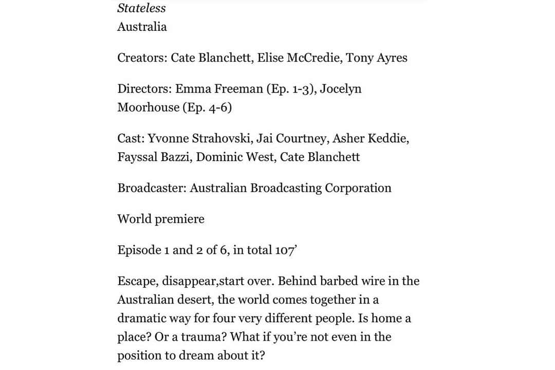 イヴォンヌ・ストラホフスキーさんのインスタグラム写真 - (イヴォンヌ・ストラホフスキーInstagram)「THRILLED to share that STATELESS will be premiering at the @berlinale Berlin Film Festival ⚡️🔥💥 & then airing in Aussie land first on @abctv March 1st at 840pm 💥🔥⚡️ This 6 part is absolutely near and dear to my ❤️ incredible people involved with beyond heart & soul & a must see story @emmafreemanmakesfilms @gpym @jaicourtney @asherkeddieofficial @fays113 @elisewednesday  @tonyayres #cateblanchett #dominicwest #jocelynmoorhouse #statelesstv oh & @benkingphotographer 📷 killer pic」1月16日 14時04分 - yvonnestrahovski
