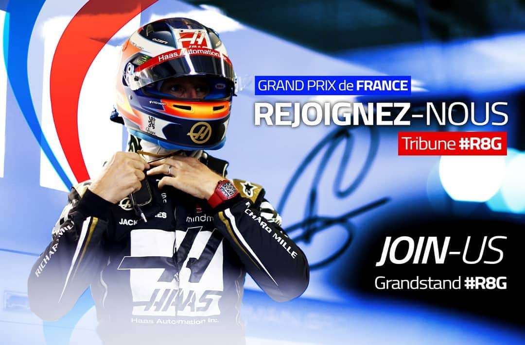 ロマン・グロージャンのインスタグラム：「Join us at the French GP in my #R8G grandstand. Ticket link in bio !  Rejoignez nous dans ma tribune #r8g au @gpfrancef1. Lien ticket dans ma bio ! #frenchgp #teamr8g #fan」