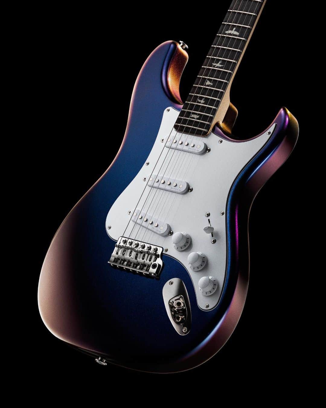 のインスタグラム：「Limited to 500 pieces, the @prsguitars Silver Sky in Nebula features a unique paint process using prismatic flakes that reflect light differently when viewing angle is shifted, giving a dramatic color change effect.」