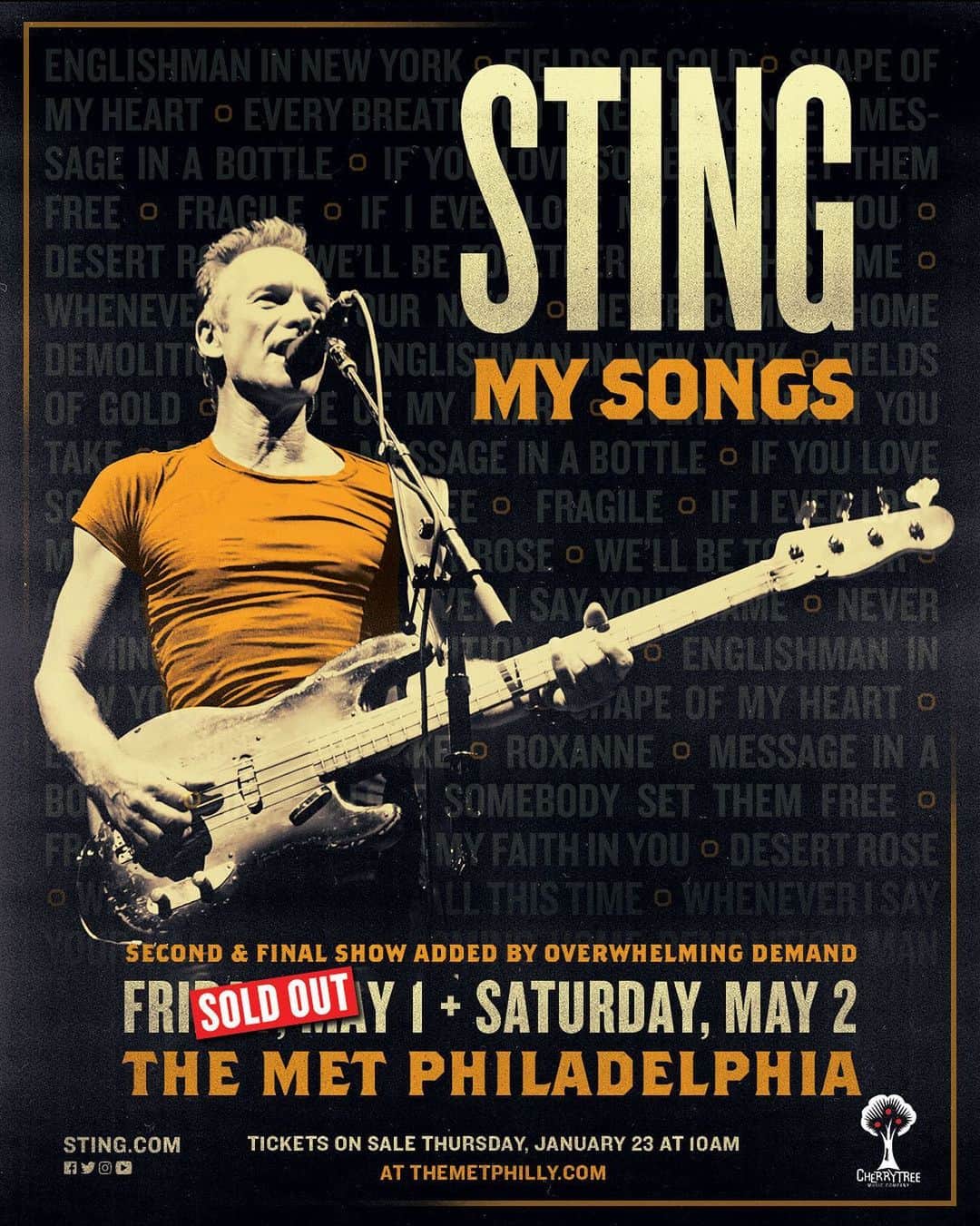 スティングさんのインスタグラム写真 - (スティングInstagram)「🙏 #Repost @cherrytreerec Philly loves Sting. May 1st show at @themetphilly has sold out! Second show added May 2nd! #Philadelphia #MySongs #TheMet #Sting #cherrytreemusiccompany」1月17日 8時59分 - theofficialsting