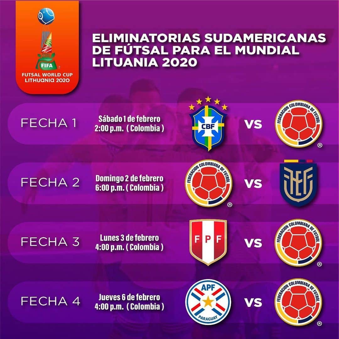 サッカー コロンビア代表チームのインスタグラム：「Este es el calendario de nuestra Selección Colombia Masculina de Fútsal en las Eliminatorias Sudamericanas para la Copa Mundial de la FIFA Lituania 2020. 🏆⚽ ¡Prográmate y apoya a nuestra Selección! 👊💪 #VamosColombia🇨🇴」