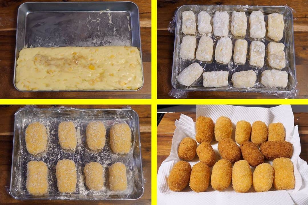 かっちゃんねるさんのインスタグラム写真 - (かっちゃんねるInstagram)「お弁当・冷凍食品の定番🌽！﻿ ﻿ 「ミニコーンクリームコロッケ」（１６個分）﻿ ﻿ ・玉ねぎ（みじん切り） 1/4個・ホールコーン 60g・バター 20g・薄力粉 大さじ2・牛乳 150ml・粉末コーンスープの素 1袋・塩こしょう 適量﻿ ﻿ ・薄力粉、溶き卵、パン粉（細かめ） 適量﻿ ﻿ ﻿ ◎フライパンにバターを溶かし玉ねぎを炒める→薄力粉を入れ馴染んだら牛乳を少しづつ加えのばす→粉末コーンスープを加え弱めの中火で加熱しとろみをつける→ボタッとなる程度までとろみがついたらバットに20✕8cmになるように入れ冷蔵庫で冷やし固める→固まったら16等分し薄力粉をまぶす→溶き卵とパン粉を2度付けする→170〜180℃の高温で1分半ほど揚げる。﻿ ﻿ お弁当の定番のコーンクリームロッケのような甘さのある美味しいコーンクリームロッケです☺️﻿ ﻿ 溶き卵とパン粉を２度付けして、高温でサッと揚げることでパンクを防ぎ、綺麗に仕上がりますよ✨﻿ ﻿ #コーンクリーム #コーンクリームコロッケ #クリームコロッケ #コロッケ #コロッケ弁当 #弁当 #再現レシピ #料理 #料理動画 #﻿レシピ ﻿」1月17日 13時11分 - kattyan1011