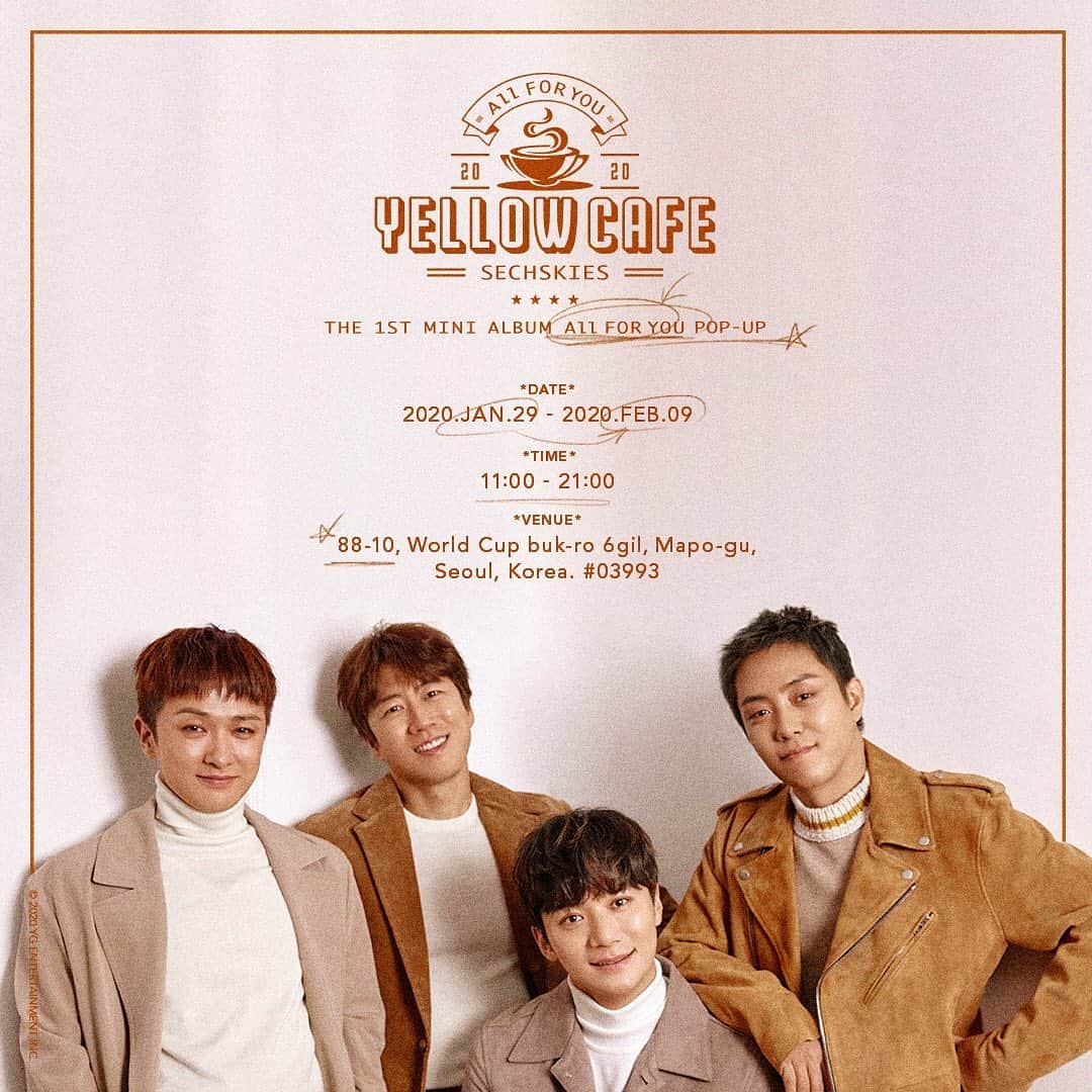 ウン・ジウォンのインスタグラム：「#SECHSKIES #젝스키스 #THE1STMINIALBUM #ALLFORYOU #YELLOWCAFE #YG」