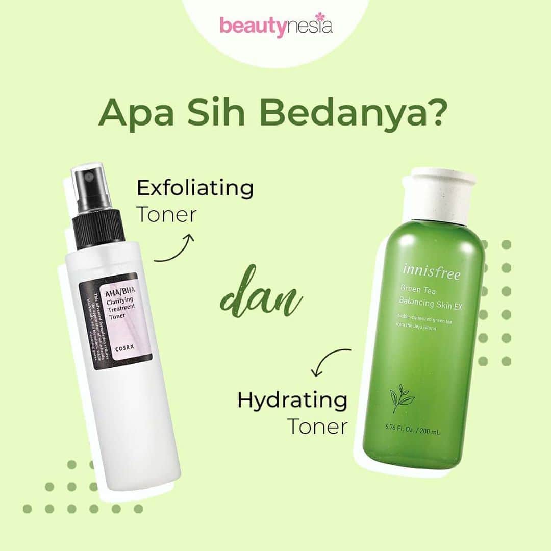 のインスタグラム：「Sering bingung sama exfoliating toner dan hydrating toner? Ternyata kedua jenis toner ini memang punya fungsi dan kandungan yang berbeda lho, Beautynesian. Jadi kalo kamu lebih cocok pake yang mana nih?  Mau tahu informasi lengkapnya? Cek di Instastory kita ya!  #Beautynesia #BeautynesiaID #toner #exfoliatingtoner #hydratingtoner #apasihbedanya」