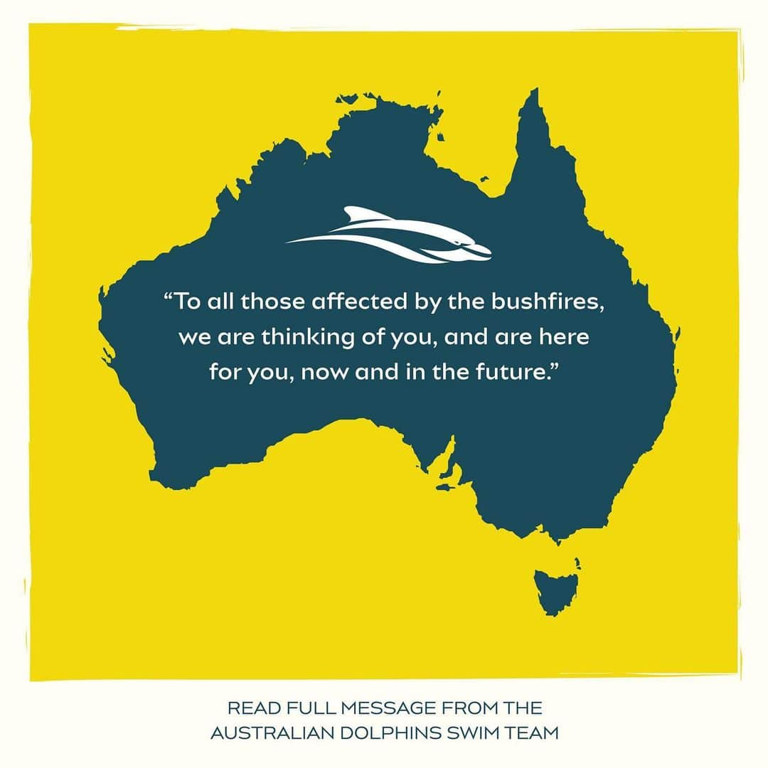 ジェイク・パッカードのインスタグラム：「To our fellow Aussies that are impacted by the fires – the Australian Dolphins Swim Team has been devastated to read, watch and listen to the distress, destruction and pain that you are currently experiencing. We want you to know that we are thinking of you, and are here for you, now and in the future. While we are all individually donating to help support the rebuild of your lives and communities, as a team we are also wanting to support in whatever way we can. During the month of January, we are calling upon our swimming community to make a donation for every kilometre swum through our call to action, Australia Swims. Simply commit your kilometres, and if you can, make a donation via the ‘donate now’ button. Get your squad involved and ask your family and friends to match your donation. Dolphins are also going to be taking part in swimming events around the country over the next few weeks – the Portsea Classic this weekend in Melbourne, the Great Australia Day Swim and the Sydney Harbour Splash on Australia Day, Jan 26, in Melbourne and Sydney respectively, and the Noosa Summer Swim Festival on Feb 1. We will be asking for a gold coin donation for pics and signatures, all of which will go directly to the Red Cross. Finally, as a team, we are working on longer term plans to support your communities as the rebuilding process takes place. We will be able to provide further details in the coming days and weeks. Love the Australian Dolphins Swim Team」