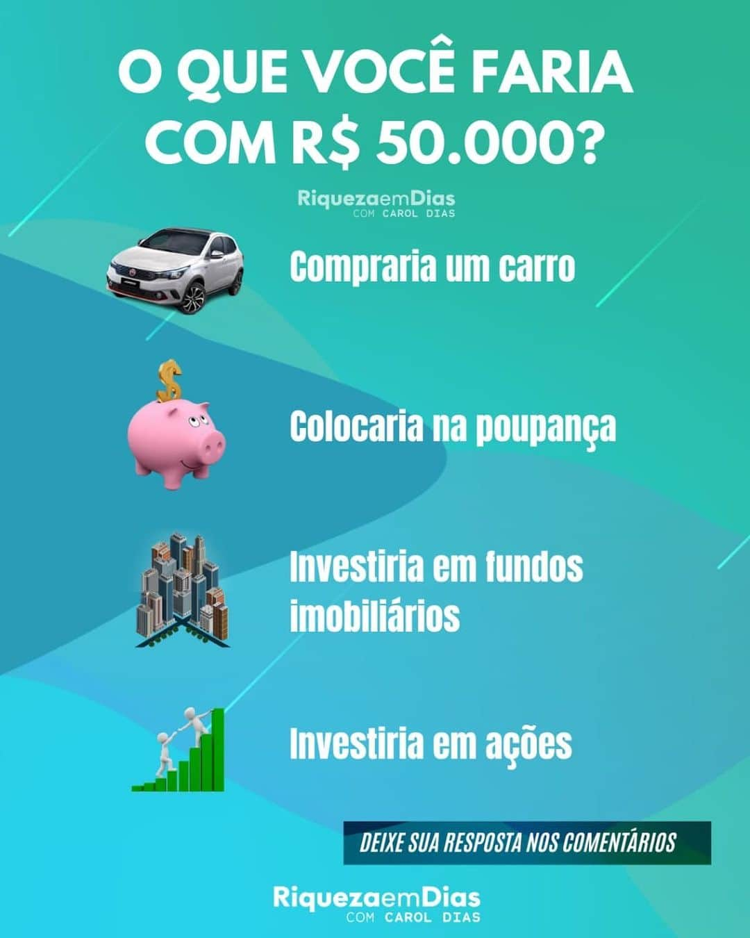 Carol Diasさんのインスタグラム写真 - (Carol DiasInstagram)「O que você faria com R$ 50.000,00? . . . . . . . . . . . . . . #investimentos #dinheiro #sonhos #sucesso #investimento #inflação #fundosimobiliários #empreender #investir #vaibrasil #trader #negocios #mercadofinanceiro #bolsadevalores  #finanças #liderança #fiis #planejamento #economia #finançaspessoais #planejamentofinanceiro #investidor  #liberdadefinanceira  #investidorinteligente #caroldias #rendavariavel #ações #comoinvestir #educaçãofinanceira #voabrasil」1月18日 0時07分 - caroldias