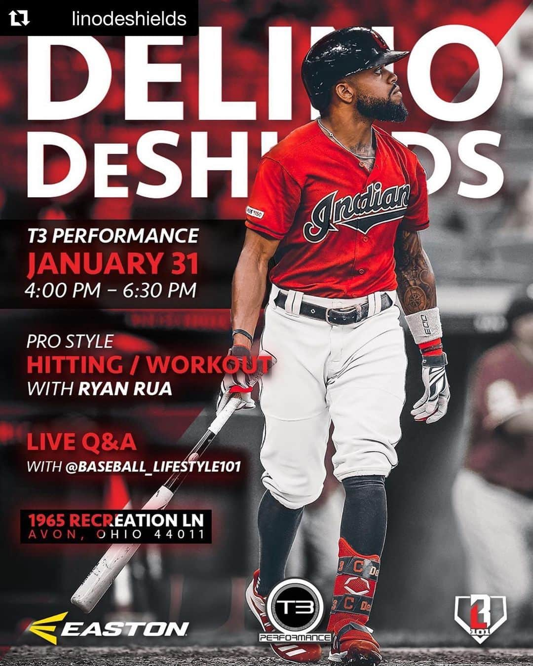 ライアン・ルアのインスタグラム：「Pretty special to help @whiteteebhf and others make this a reality. Finally we can announce it... T3 Performace and I are excited and happy to be a part of welcoming my boy @linodeshields to #Cleveland !  Partnering with @t3performance @eastonbaseball and @baseball_lifestyle101 to impact the northeast Ohio community.  D has always been a professional on and off the field, and him wanting to make an impact so soon, speaks volumes.  This event is open to the public; there will be giveaways, questions, answers, photos, and autographs.  Take advantage of seeing, as well as  learning from professional athletes on how serious they take their training!  #northeastohio #indians #baseball #easton #baseballlifestyle #teammates #ohio #mlb」