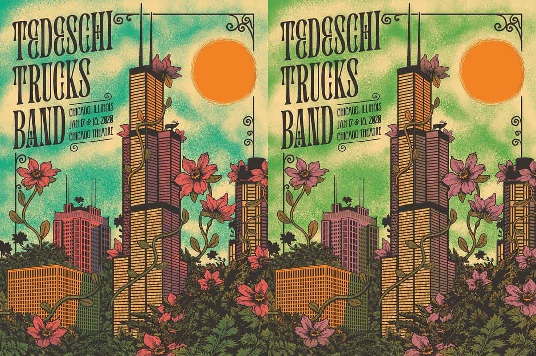 テデスキ・トラックス・バンドのインスタグラム：「Posters for nights one and two in Chicago by @statusserigraph, 18x24 silkscreen prints with limited numbers signed by Derek and Susan while supplies last.」