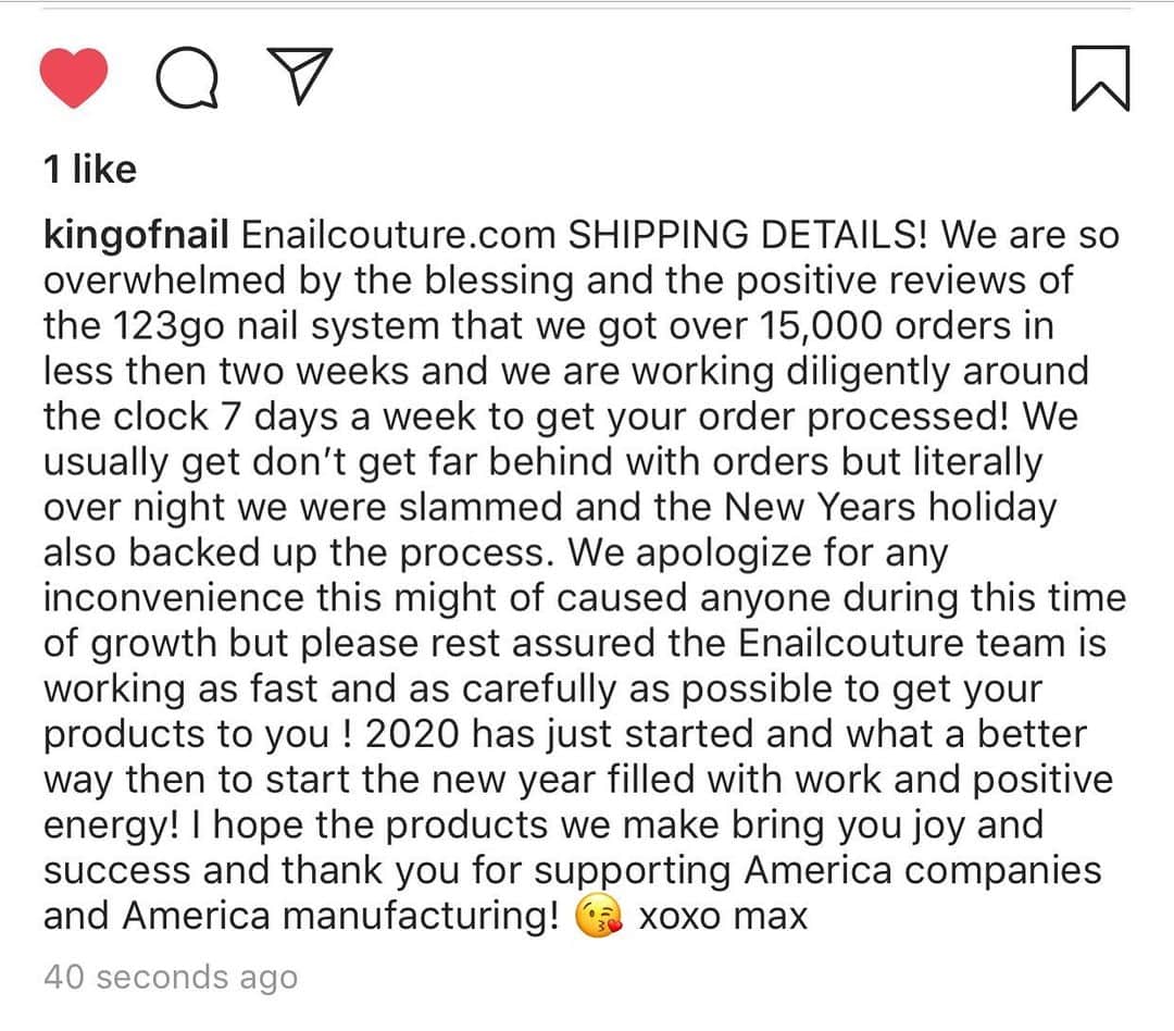 Max Estradaさんのインスタグラム写真 - (Max EstradaInstagram)「Enailcouture.com SHIPPING DETAILS! We are so overwhelmed by the blessing and the positive reviews of the 123go nail system that we got over 15,000 orders in less then two weeks and we are working diligently around the clock 7 days a week to get your order processed! We usually get don’t get far behind with orders but literally over night we were slammed and the New Years holiday also backed up the process. We apologize for any inconvenience this might of caused anyone during this time of growth but please rest assured the Enailcouture team is working as fast and as carefully as possible to get your products to you ! 2020 has just started and what a better way then to start the new year filled with work and positive energy! I hope the products we make bring you joy and success and thank you for supporting America companies and America manufacturing! 😘 xoxo max」1月19日 14時15分 - kingofnail