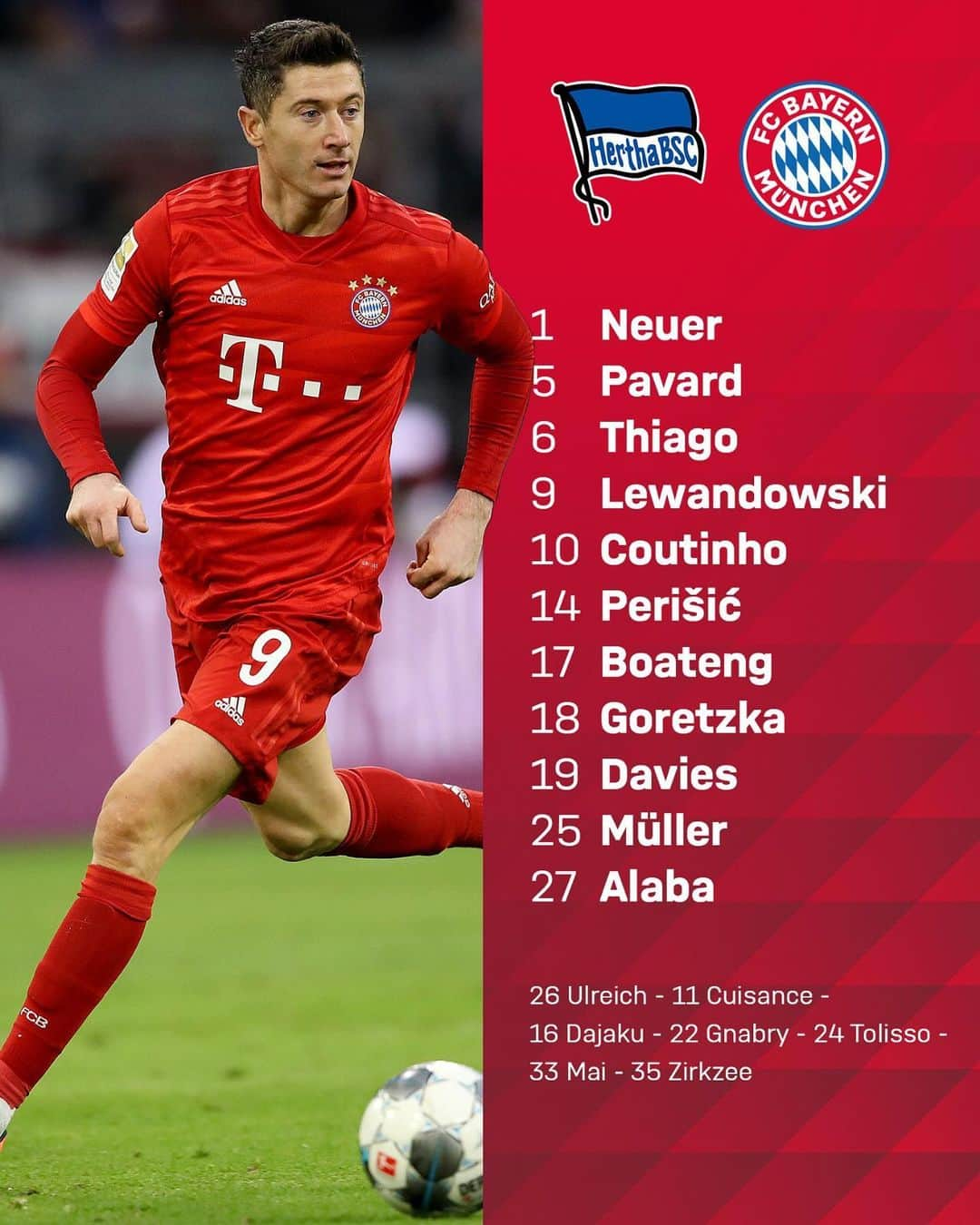 バイエルン・ミュンヘンさんのインスタグラム写真 - (バイエルン・ミュンヘンInstagram)「Our starting XI for the first #Bundesliga game in 2020! 💪🏻💥 #packmas #FCBayern #BSCFCB #MiaSanMia」1月19日 22時30分 - fcbayern