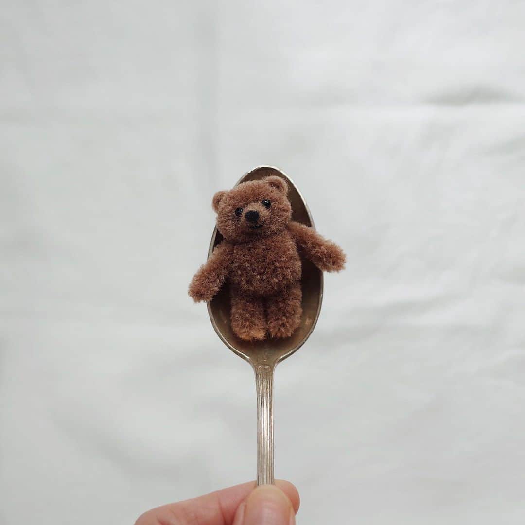 のインスタグラム：「. グッモーニン。とてもちいさなきみ。  Good morning, sweetheart.  #くま #テディベア #teddybear #minibear #trikotri #pompom #trikotripompom #布博in名古屋 #布博2020」