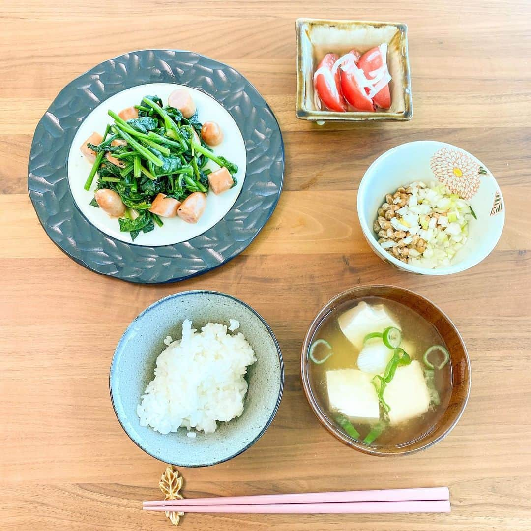 林弓束さんのインスタグラム写真 - (林弓束Instagram)「. 久しぶりに朝ご飯 #ゆづ飯 を載せますね。 ごはんに豆腐とねぎのお味噌汁に、 ほうれん草とウインナーの炒め物と、 トマトと玉ねぎのかんたん酢漬け、 ねぎ納豆。 お正月に滋賀の#ギャラリーサラ で買ったお皿がいい感じ。 . . . #galleryサラ # #朝ごはん #あさごはん #朝ご飯 #朝御飯 #朝食 #昼食 #昼ごはん #ひるごはん #昼ご飯 #昼御飯 #ランチ #家ご飯 #家ごはん #いえごはん #うつわ好き #うつわのある暮らし」1月20日 13時02分 - hayashiyuzuka