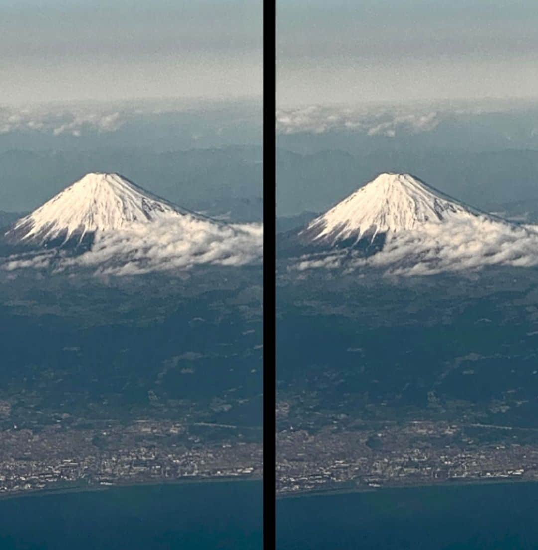 ブライアン・メイさんのインスタグラム写真 - (ブライアン・メイInstagram)「A thrill !!! Like a cherished old friend, FUJI-San - the perfect snowy cone of Mount Fuji, appeared beside us as we approached Tokyo this afternoon.  I think I probably took my first hyperstereo of this beautiful volcano mountain about 45 years ago ! But the magic is still there.  These days I like sharing this stuff with our shared IG community.  Do you notice anything odd about the clouds nestling around the base of the mountain ? I could try to explain later ... but tell me what you think.  Very exciting returning to Japan. QUEEN’s relationship with the Japanese people has been extraordinary and enduring, and now enters yet another phase - post Bohemian Rhapsody the movie. Both in Korea and Japan, its success has been monumental, more than we could have dreamed.  It’s given us a precious opportunity to make contact with a whole new generation of music fans, and I like to think that we can be a small part of global harmony and understanding.  Our perspective as travellers of the world has made it abundantly clear to me that there are few things more important in the world than Peace. I pray that our leaders have not forgotten that.  Bri. 💥💥💥💥 The anomalous clouds ? I was surprised to see that they appeared to be buried in the side of the volcano.  But we had. 150mph tail wind on that trip.  So the clouds were evidently speeding fast enough in the same direction as me to mimic what objects at infinity do - move relatively WITH the camera.  Who would have thought ? Bri」1月20日 20時05分 - brianmayforreal