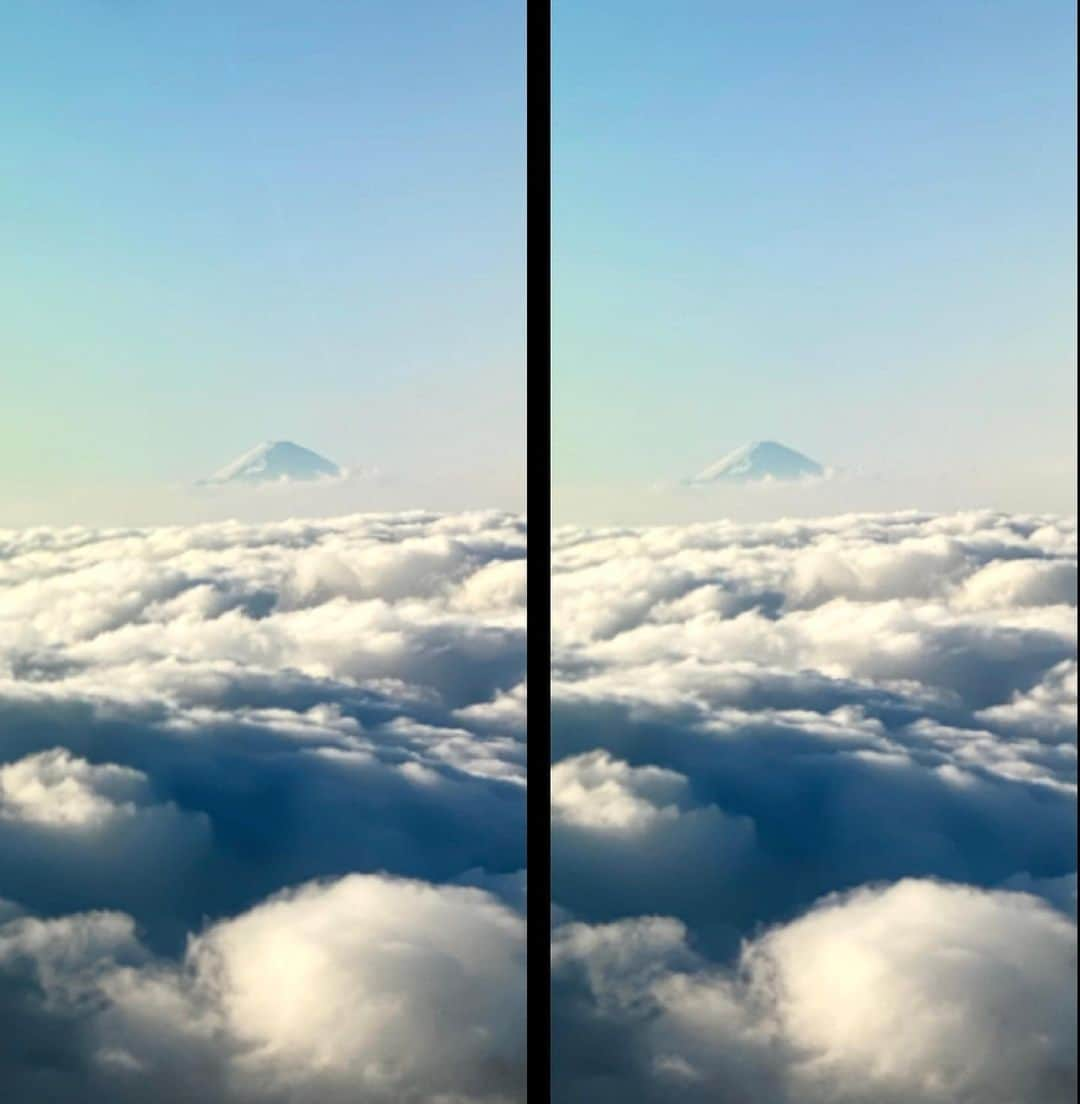 ブライアン・メイさんのインスタグラム写真 - (ブライアン・メイInstagram)「A thrill !!! Like a cherished old friend, FUJI-San - the perfect snowy cone of Mount Fuji, appeared beside us as we approached Tokyo this afternoon.  I think I probably took my first hyperstereo of this beautiful volcano mountain about 45 years ago ! But the magic is still there.  These days I like sharing this stuff with our shared IG community.  Do you notice anything odd about the clouds nestling around the base of the mountain ? I could try to explain later ... but tell me what you think.  Very exciting returning to Japan. QUEEN’s relationship with the Japanese people has been extraordinary and enduring, and now enters yet another phase - post Bohemian Rhapsody the movie. Both in Korea and Japan, its success has been monumental, more than we could have dreamed.  It’s given us a precious opportunity to make contact with a whole new generation of music fans, and I like to think that we can be a small part of global harmony and understanding.  Our perspective as travellers of the world has made it abundantly clear to me that there are few things more important in the world than Peace. I pray that our leaders have not forgotten that.  Bri. 💥💥💥💥 The anomalous clouds ? I was surprised to see that they appeared to be buried in the side of the volcano.  But we had. 150mph tail wind on that trip.  So the clouds were evidently speeding fast enough in the same direction as me to mimic what objects at infinity do - move relatively WITH the camera.  Who would have thought ? Bri」1月20日 20時05分 - brianmayforreal