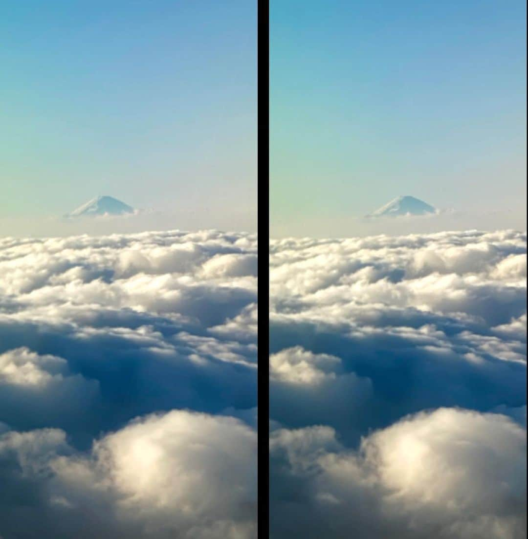 ブライアン・メイさんのインスタグラム写真 - (ブライアン・メイInstagram)「A thrill !!! Like a cherished old friend, FUJI-San - the perfect snowy cone of Mount Fuji, appeared beside us as we approached Tokyo this afternoon.  I think I probably took my first hyperstereo of this beautiful volcano mountain about 45 years ago ! But the magic is still there.  These days I like sharing this stuff with our shared IG community.  Do you notice anything odd about the clouds nestling around the base of the mountain ? I could try to explain later ... but tell me what you think.  Very exciting returning to Japan. QUEEN’s relationship with the Japanese people has been extraordinary and enduring, and now enters yet another phase - post Bohemian Rhapsody the movie. Both in Korea and Japan, its success has been monumental, more than we could have dreamed.  It’s given us a precious opportunity to make contact with a whole new generation of music fans, and I like to think that we can be a small part of global harmony and understanding.  Our perspective as travellers of the world has made it abundantly clear to me that there are few things more important in the world than Peace. I pray that our leaders have not forgotten that.  Bri. 💥💥💥💥 The anomalous clouds ? I was surprised to see that they appeared to be buried in the side of the volcano.  But we had. 150mph tail wind on that trip.  So the clouds were evidently speeding fast enough in the same direction as me to mimic what objects at infinity do - move relatively WITH the camera.  Who would have thought ? Bri」1月20日 20時05分 - brianmayforreal